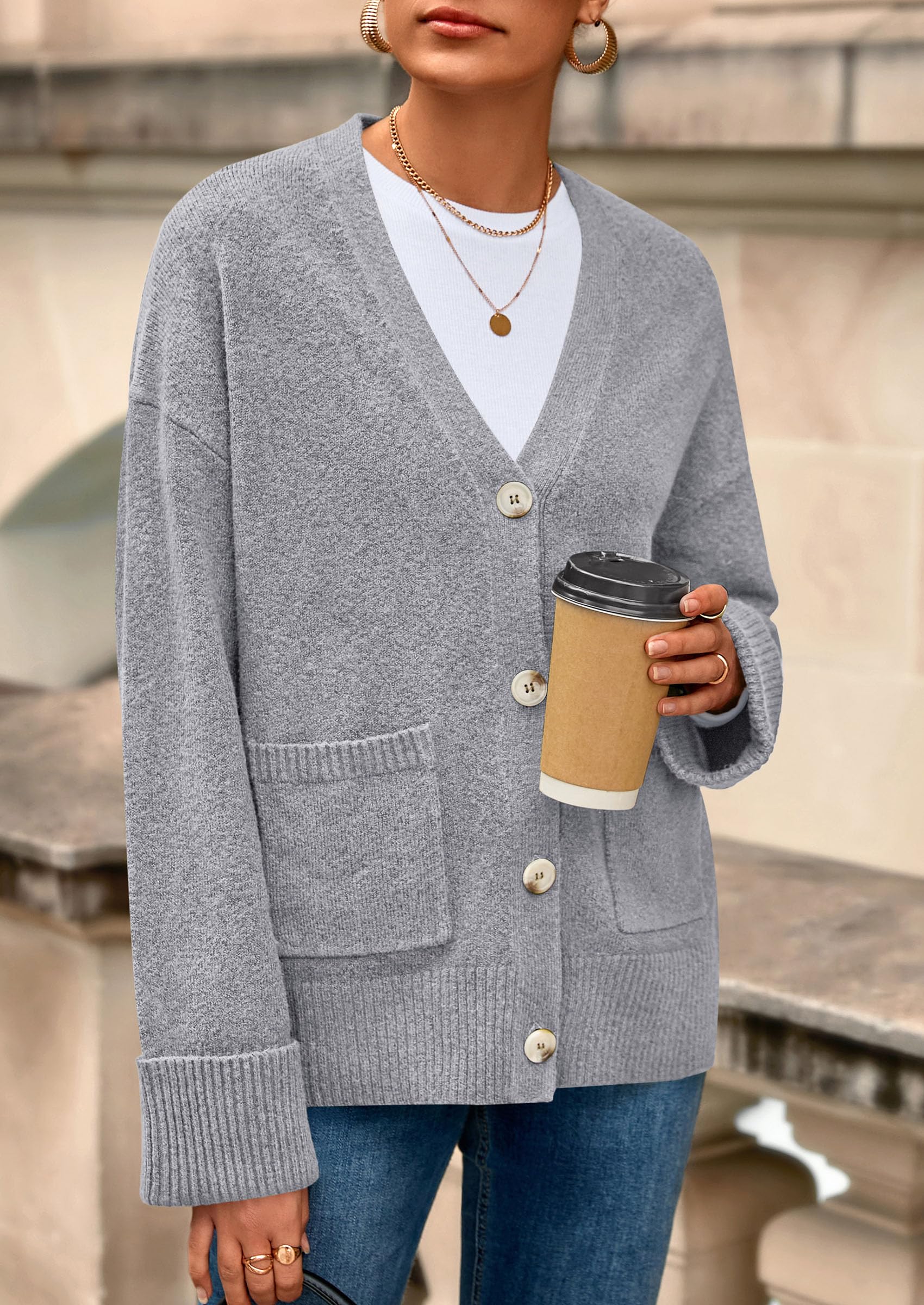 PRETTYGARDEN Women's 2026 Oversized Cardigan Sweaters Trendy Chunky Knit Long Sleeve V Neck Button Down Fall Winter Outfits (Grey,Small)
