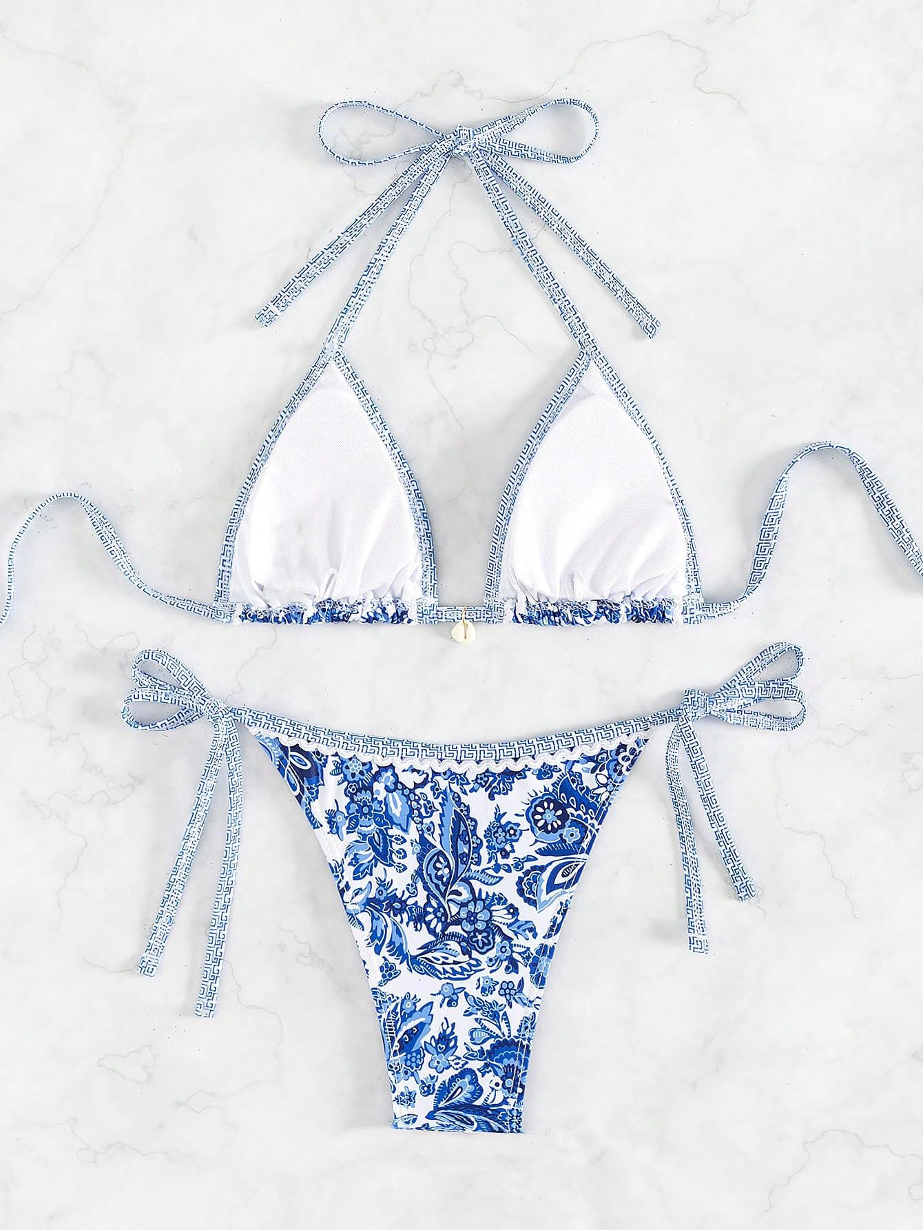 WDIRARA Women's 2 Piece Boho Swimsuits Floral Print Halter String Triangle Bikini Set Beach Bathing Suit Blue and White Small