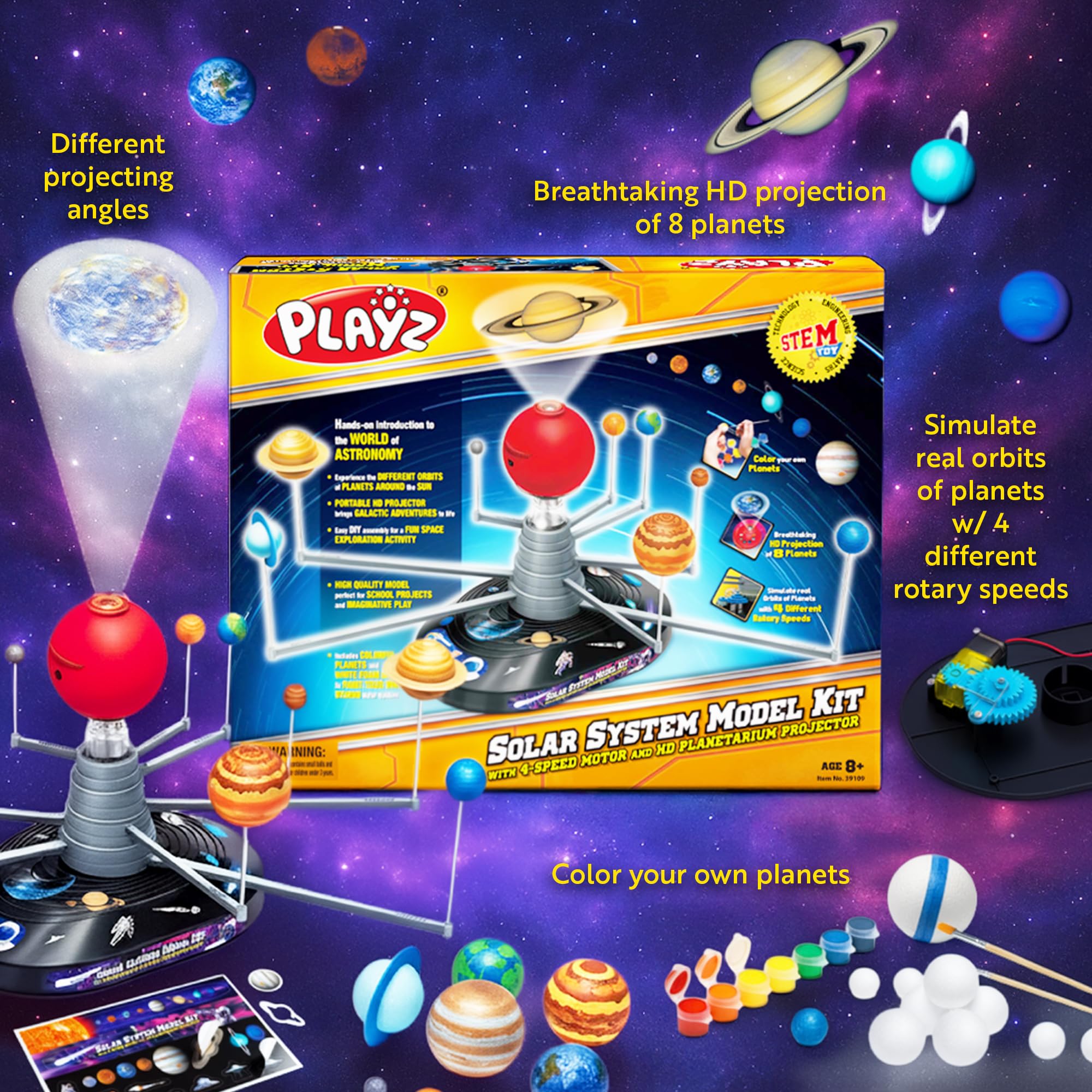Playz Premium Solar System Model Kit for Kids - 4 Speed Motor, HD Planetarium Projector, 8 Painted Planets & 8 White Foam Balls with Paint and Brush for a Hands-On STEM DIY Project for Space Toys