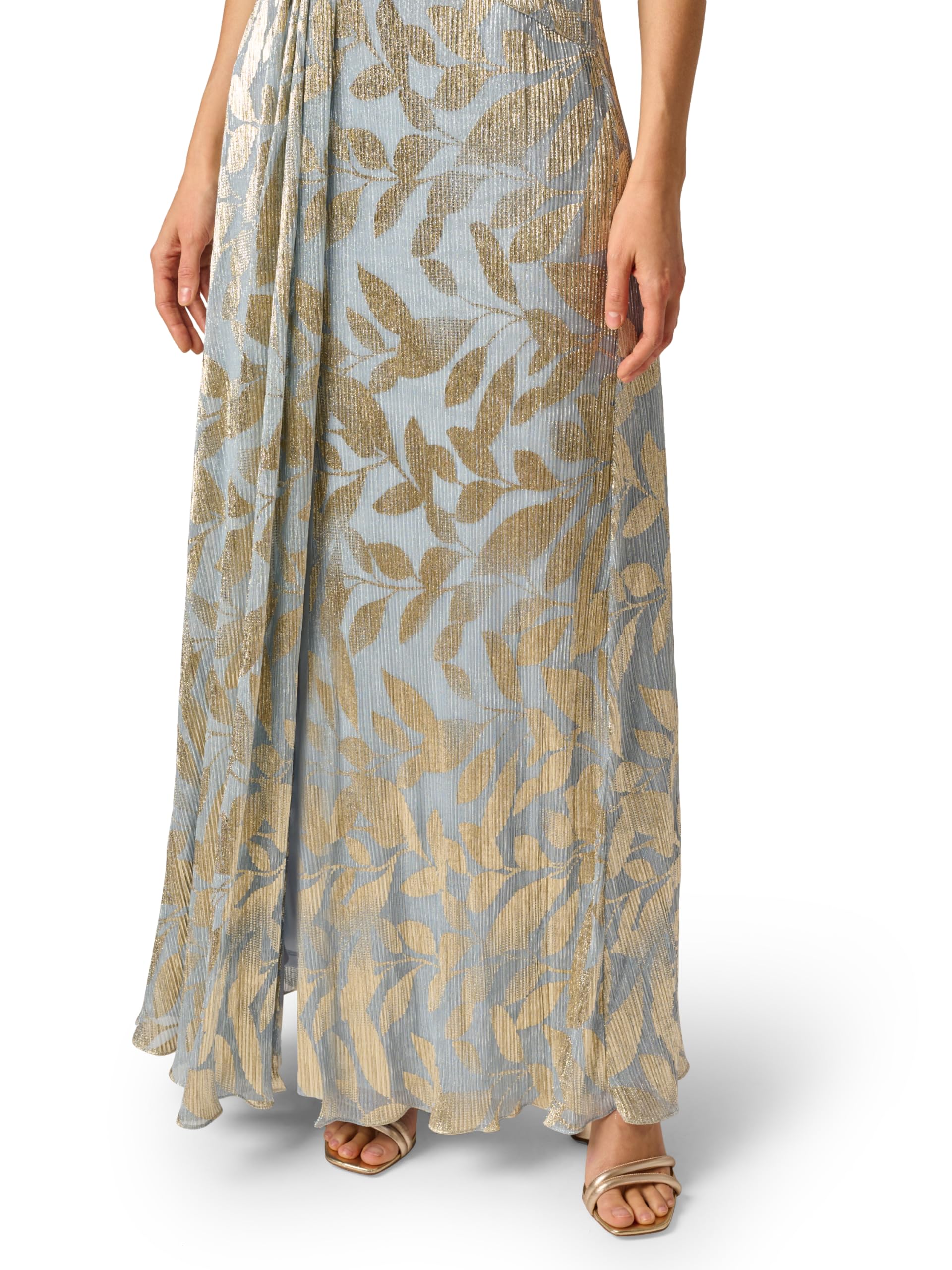 Adrianna Papell Women's Foil Leaf Draped Gown | Long Metallic Dress with Short Butterfly Sleeves & Front Leg Slit,Light Blue/Gold,4