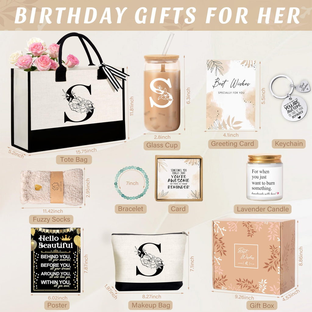 Lepiche Birthday Gifts for Women, Monogrammed Initial Gift for Teacher Wife Mom, Tote Bag,Glass Cup Gift Basket Personalized Christmas Mother's Teacher Appreciation Day,S