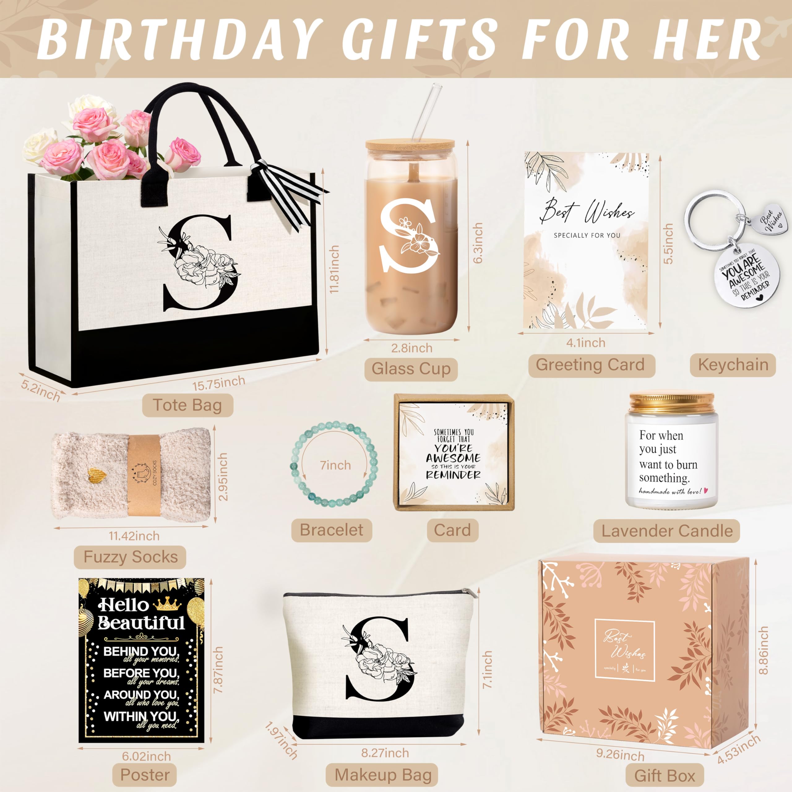 Lepiche Birthday Gifts for Women, Monogrammed Initial Gift for Teacher Wife Mom, Tote Bag,Glass Cup Gift Basket Personalized Christmas Mother's Teacher Appreciation Day,S