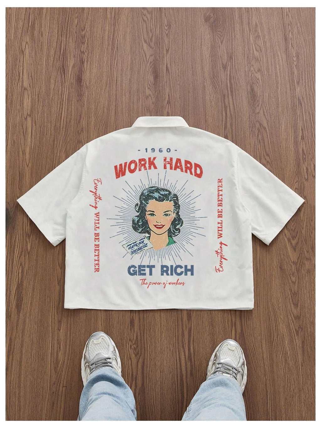 GORGLITTER Men's Graphic Button Up Cropped Shirt Short Sleeve Collar Top Streetwear Apricot X-Small