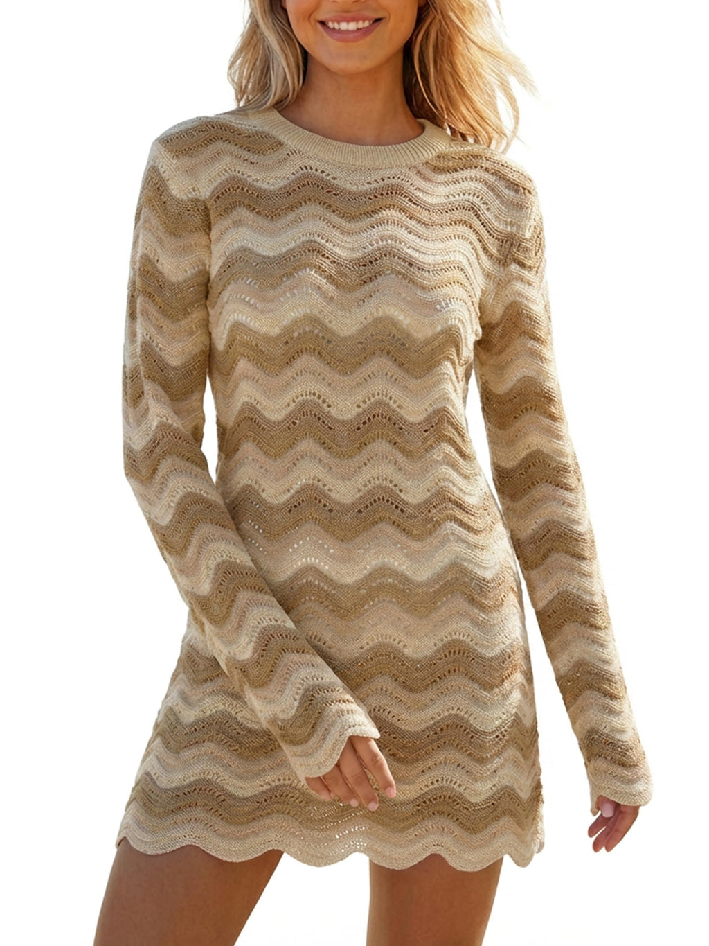 YUNLORIA Women's Crochet Colorful Mesh Summer Long Sleeve Cover Ups Casual Striped Beach Wear Knit Mini Dresses
