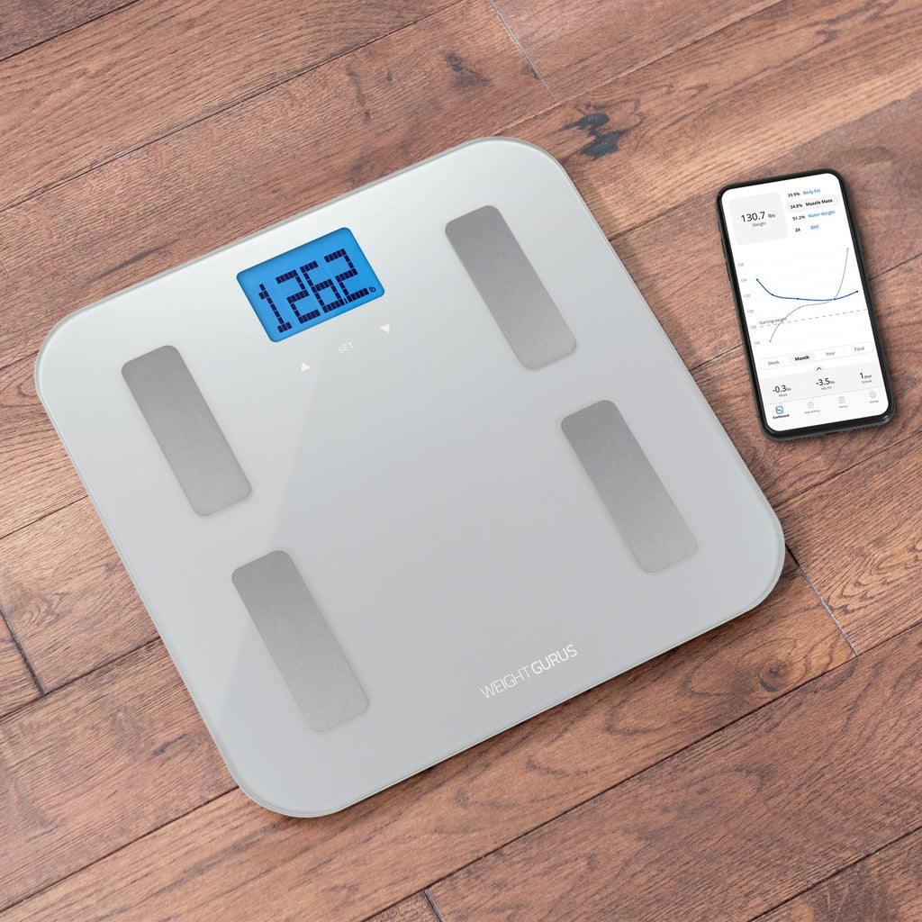 Weight Gurus Digital Body Fat Scale with Large Backlit LCD and Smartphone Tracking (Silver)