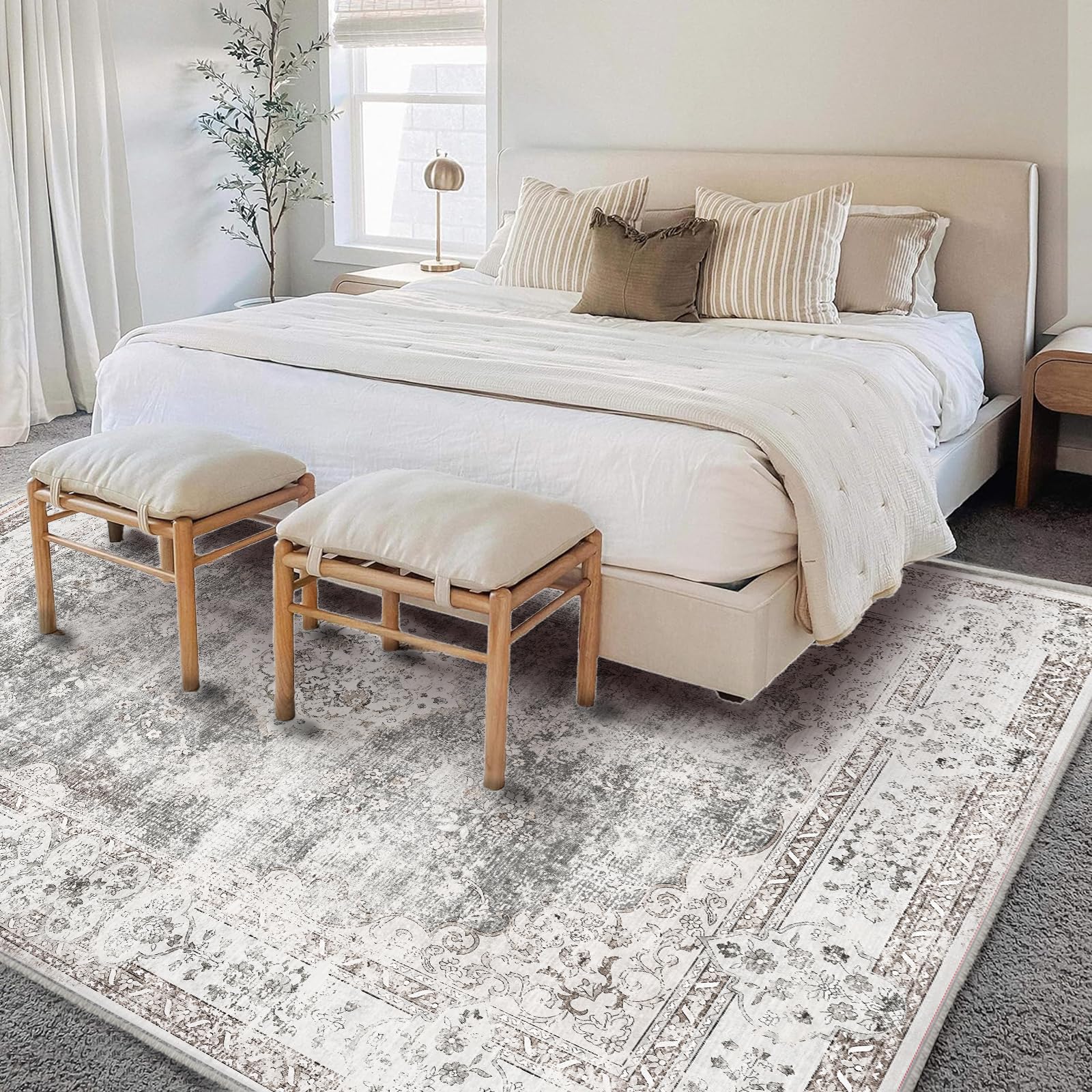 CHAMPLANT Area Rug 6'x9' Washable Vintage Traditional Floor Cover Thin Retro Kitchen Indoor Distressed Non Slip Carpet for Living Room Bedroom Dining Room