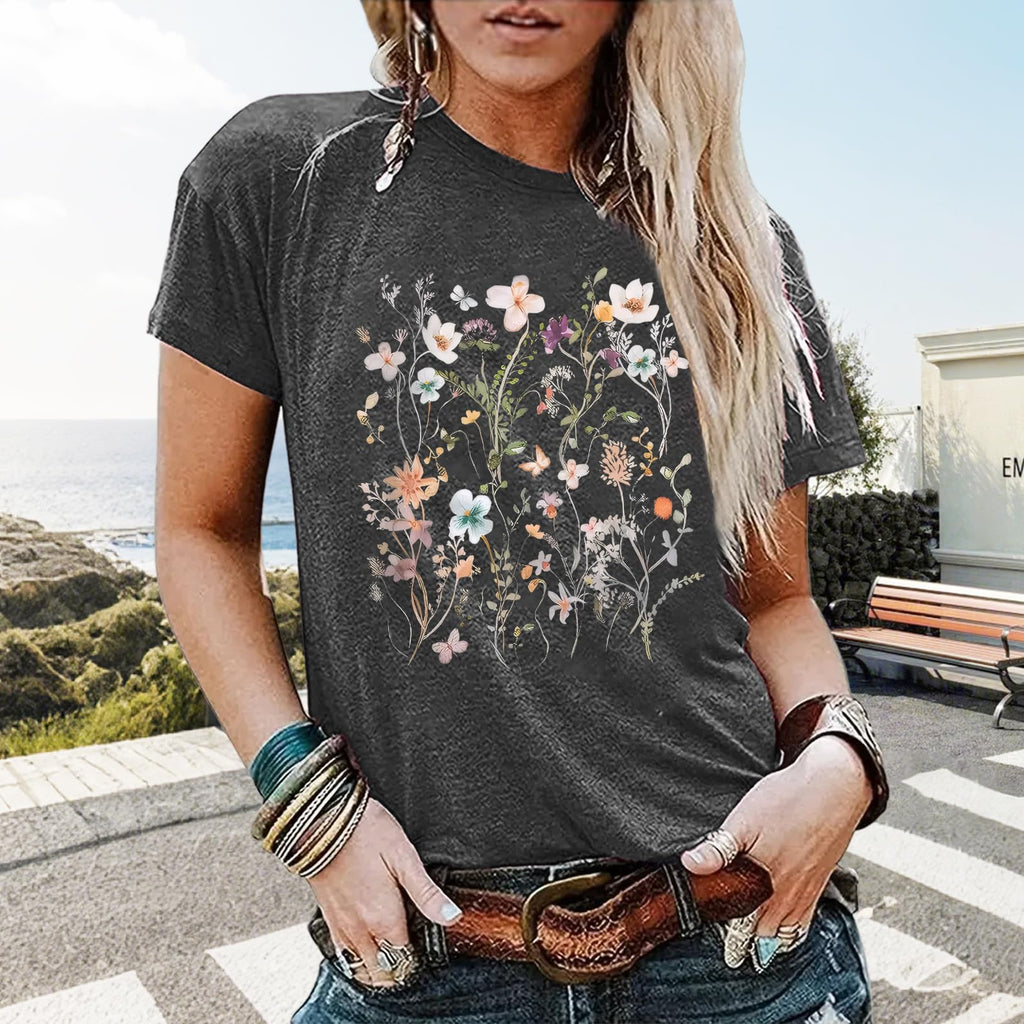BLACKOO Women Graphic Tee Casual Floral T Shirts Dark Grey X-Large