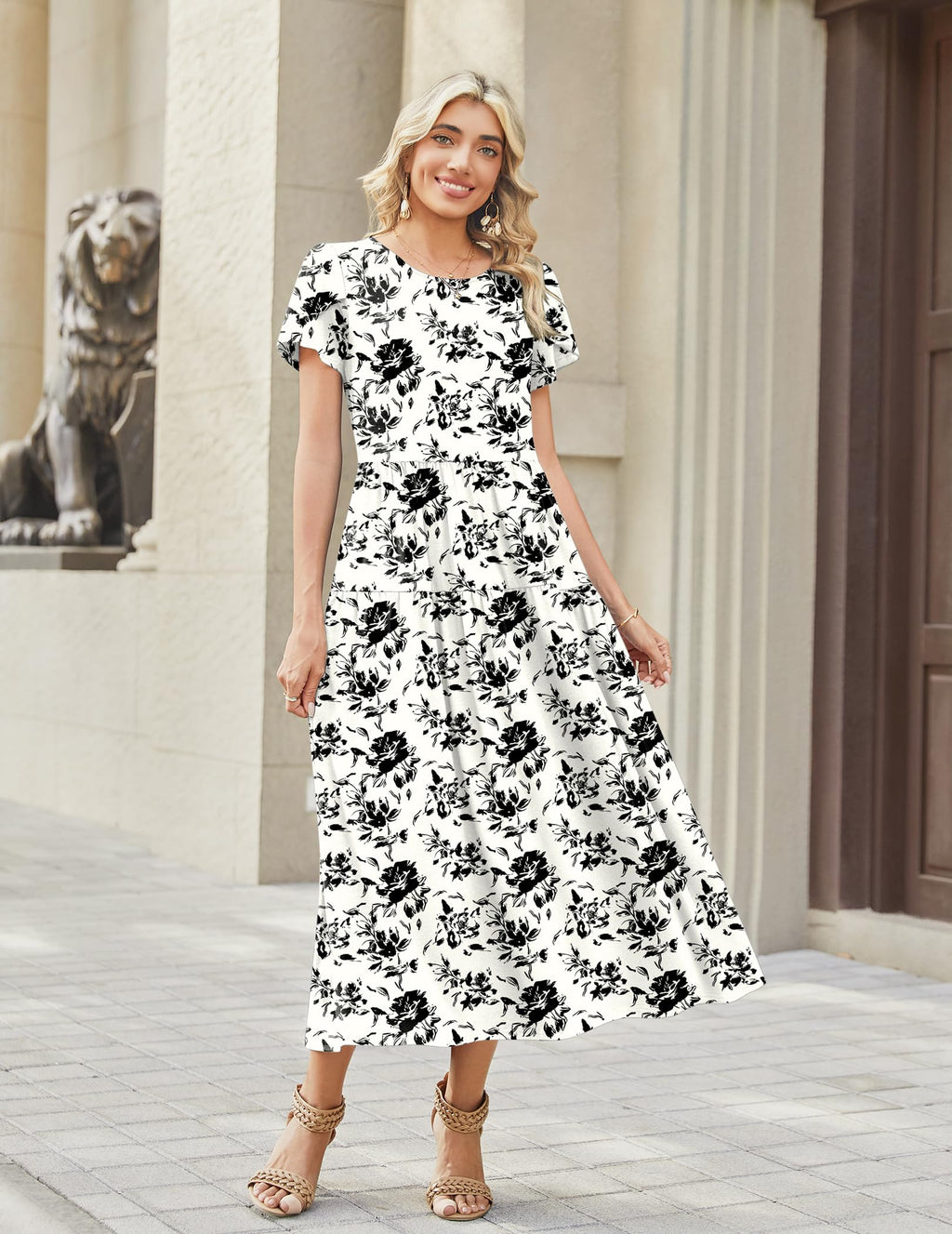 Zeagoo Plus Size Dresses for Wedding Guest Summer Petal Sleeve Loose Round Neck Floral Dress White Black Floral 3XL