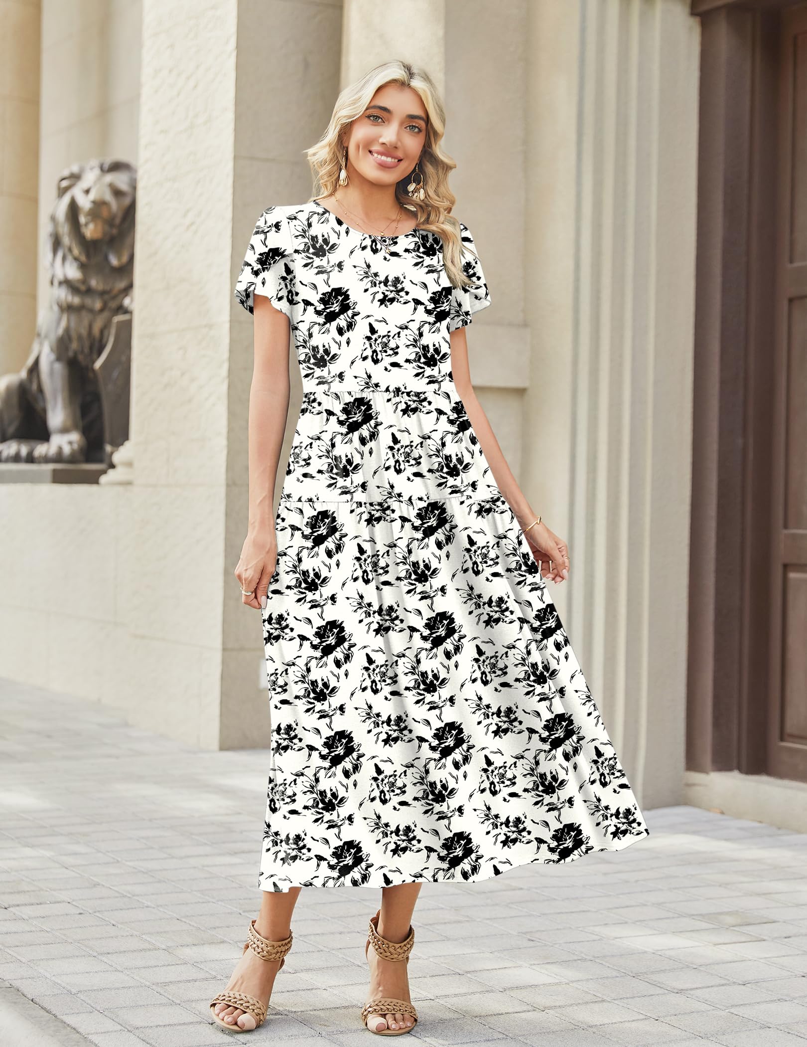 Zeagoo Plus Size Dresses for Wedding Guest Summer Petal Sleeve Loose Round Neck Floral Dress White Black Floral 3XL