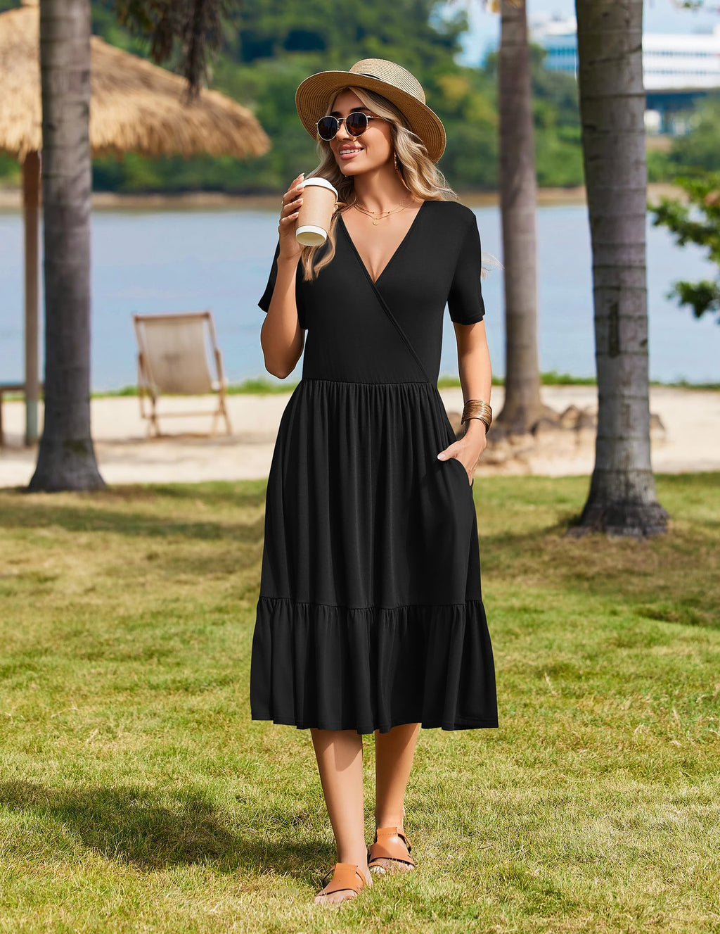 Zeagoo Women's V Neck Wrap Summer Casual Midi Tiered A Line Flowy Wedding Guest Dress with Pockets Short Sleeve Black Dresses