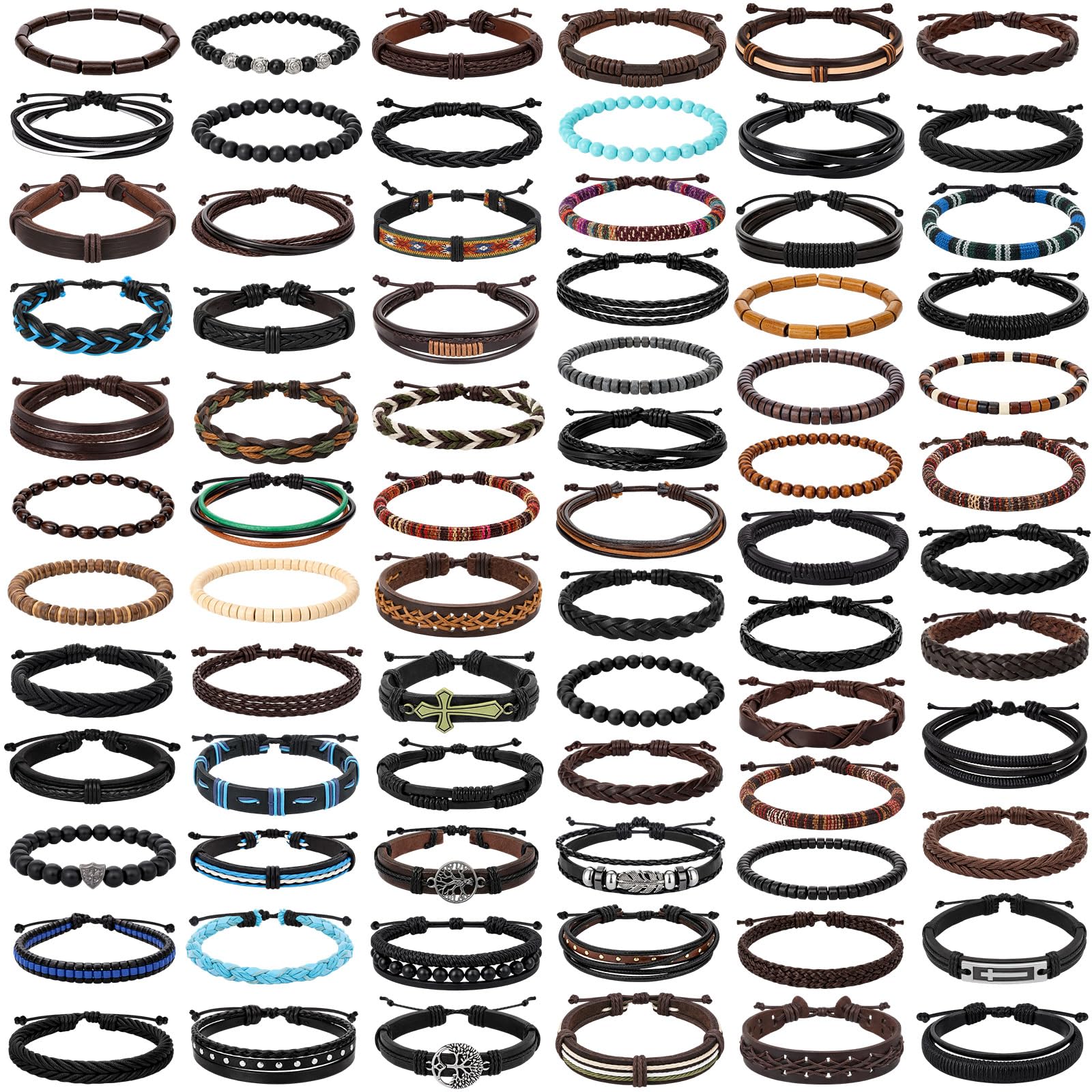 Unittype 80 Pcs Braided Leather Bracelets for Men Women Wrap Wood Beads Cuff Bracelet, Hemp Cords Ethnic Tribal Handmade Wrap Wristband Bracelets Set Adjustable
