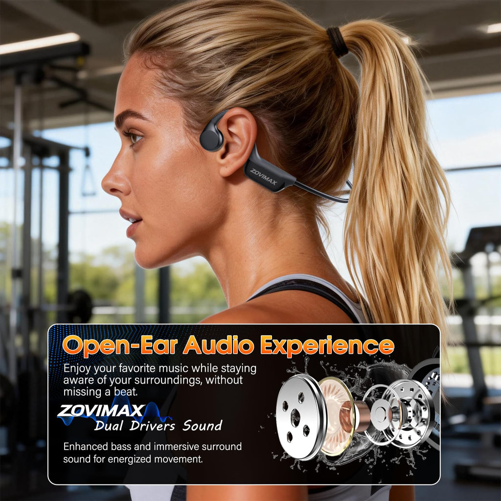 Bone Conduction Headphones Bluetooth 6.0 Earbuds, Open Ear Headphones with Dual Driver Sound, LED Display, IP67 for Sport / running, Dual Device Connection & Low-Latency Game Mode,12 Hours Playtime