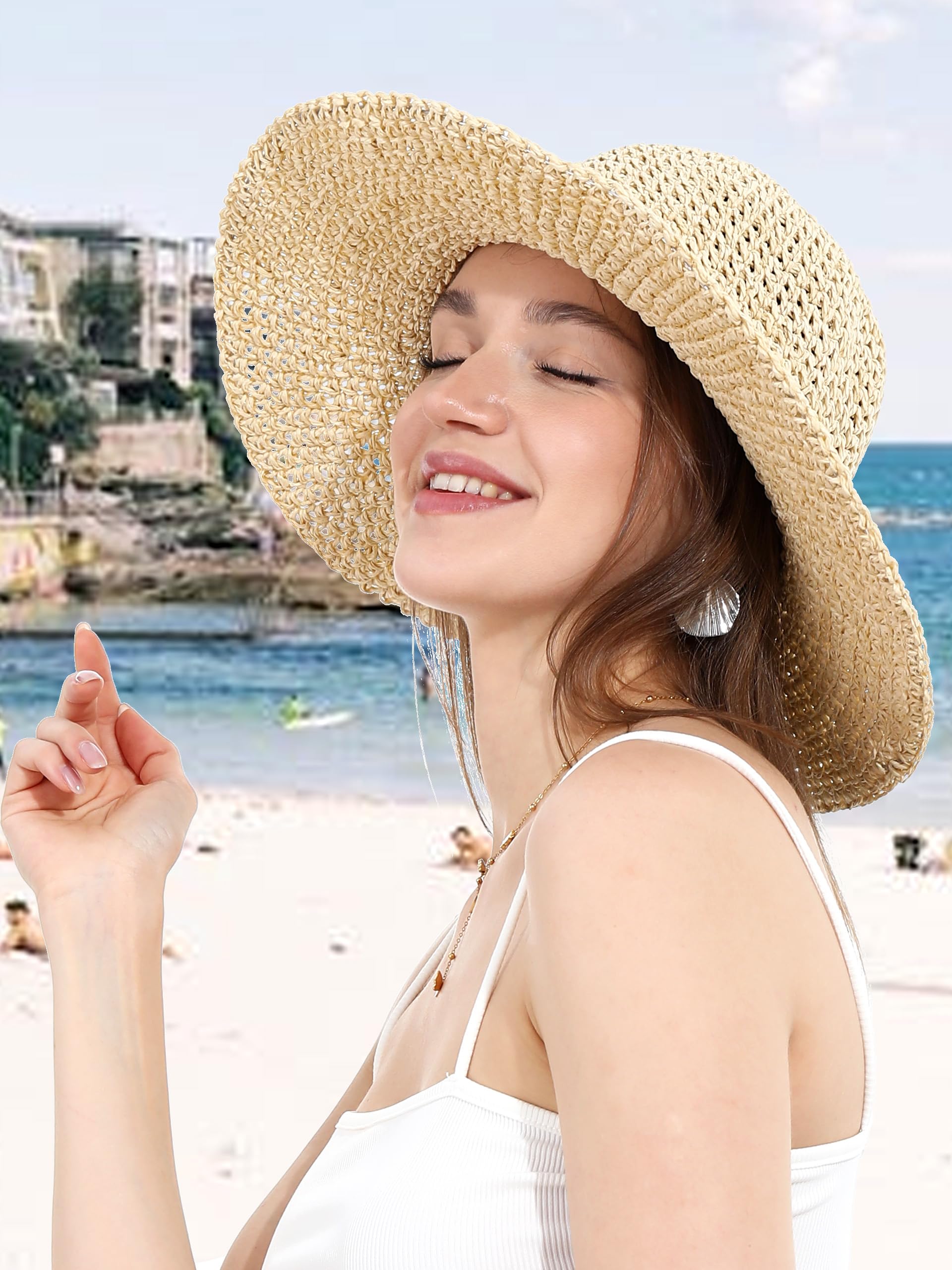 LA CARRIE Women Sun Hats Floppy Foldable Wide Brim UV UPF 50+ Straw Hat with Bow for Summer Beach(Beige)