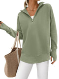 PRETTYGARDEN Womens Long Sleeve Quarter Zip Pullover Sweater Casual Loose V Neck Collared Ribbed Knit Jumper Tops Thumb Hole(Grey Green,Small)
