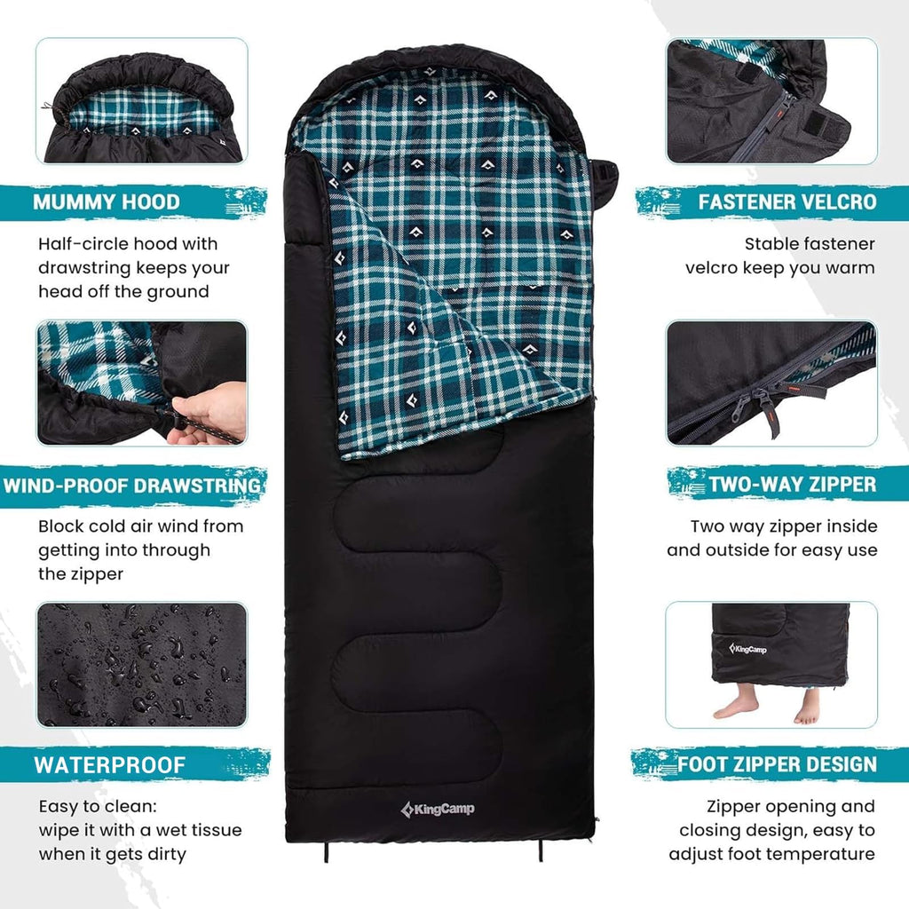 KingCamp Sleeping Bag for Adults, Cold Weather & Warm XL Big and Tall Flannel Sleeping Bags with Compression Sack Portable Waterproof Essentials Gear Accessories for Outdoor Camping (Black Left)