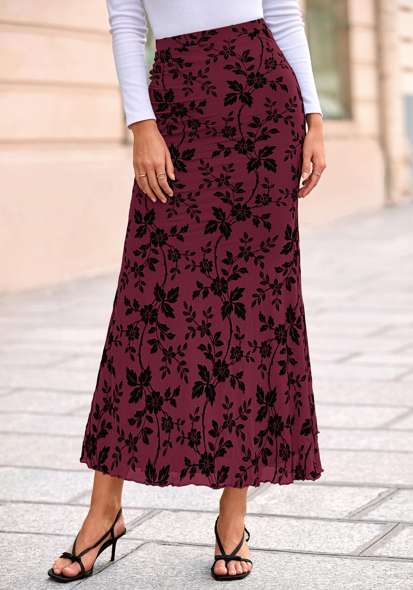 BTFBM Womens Floral Mesh Maxi Skirt 2026 Spring Summer Elastic High Waisted Boho Elegant Mermaid Long Skirts for Women(Burgundy, Medium)
