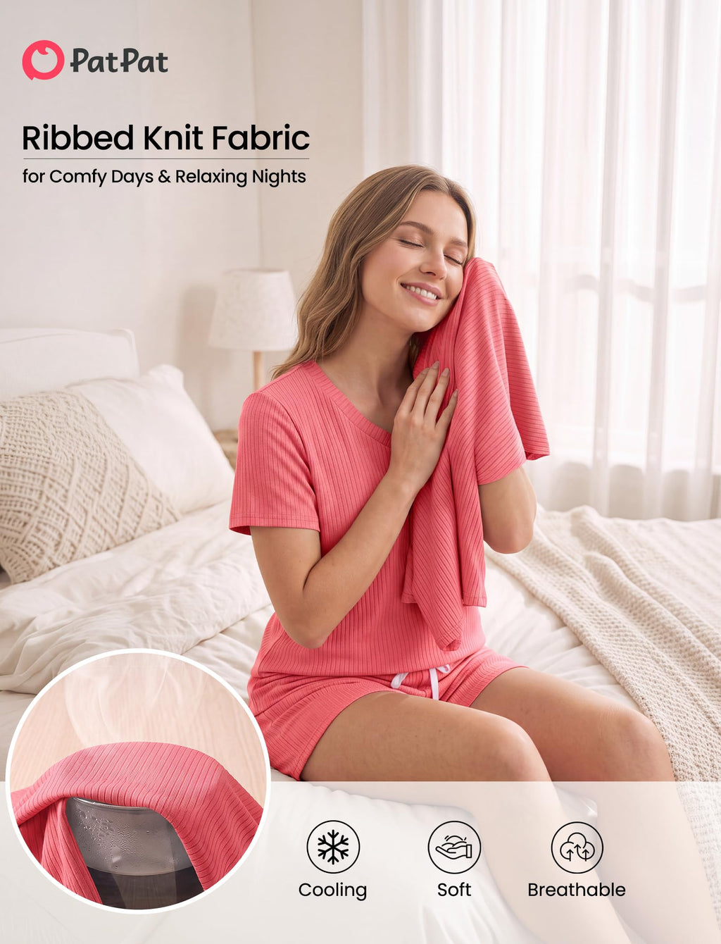 PATPAT Womens Ribbed Knit Pajamas Sets 2 Piece Lounge Sets Casual Pjs Hot Pink, M