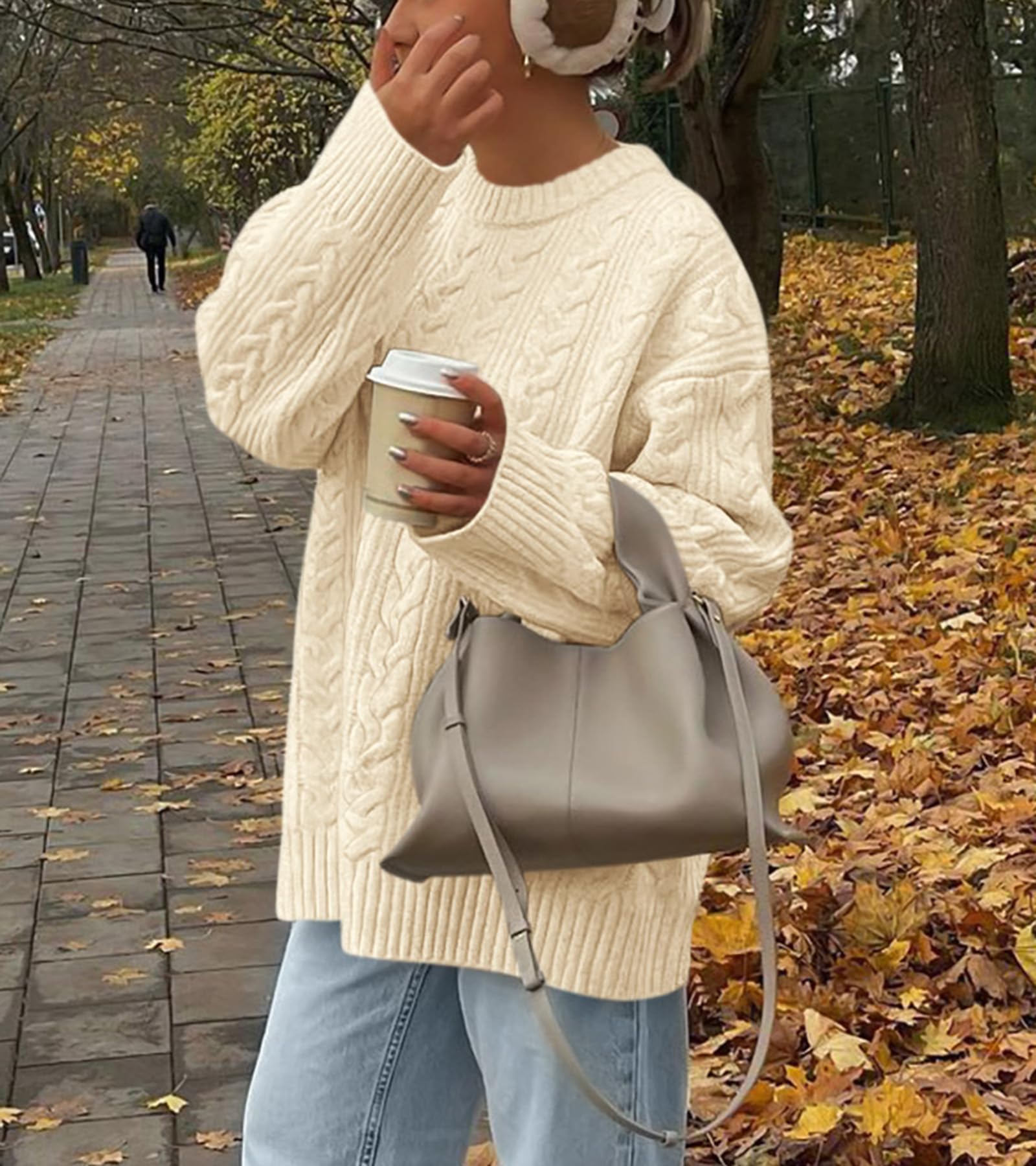 Okiwam Women's Oversized Sweaters Crewneck Cable Knit Pullover Casual Loose Fall Outfits Spring Fashion Clothes 2026-M Beige White
