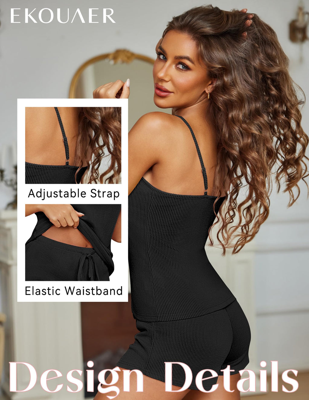 Ekouaer Pajama Sets for Women Lingerie Sleepwear Soft Pjs 2 Piece Cami Shorts Set U Neck Adjustable Strap Nightwear Black M