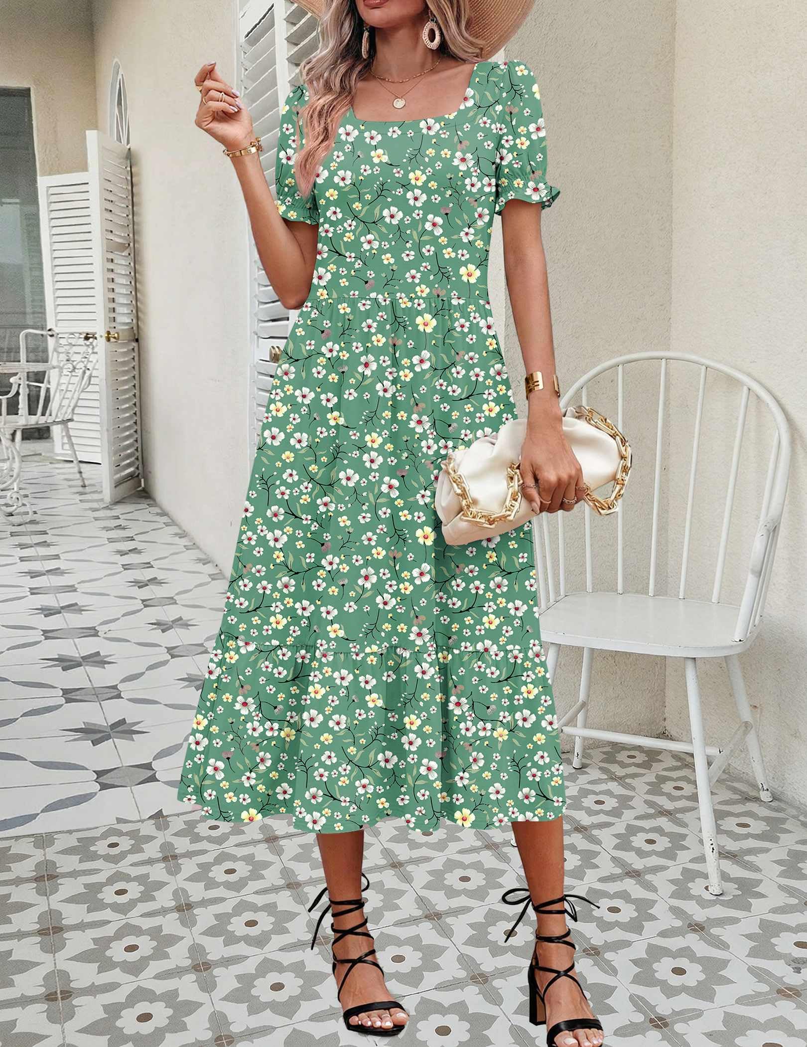 Zeagoo Womens Dresses Summer Casual Midi Dress Floral Sundresses with Pockets Womens Beach Vacation Dress Square Neck A Line Dresses L