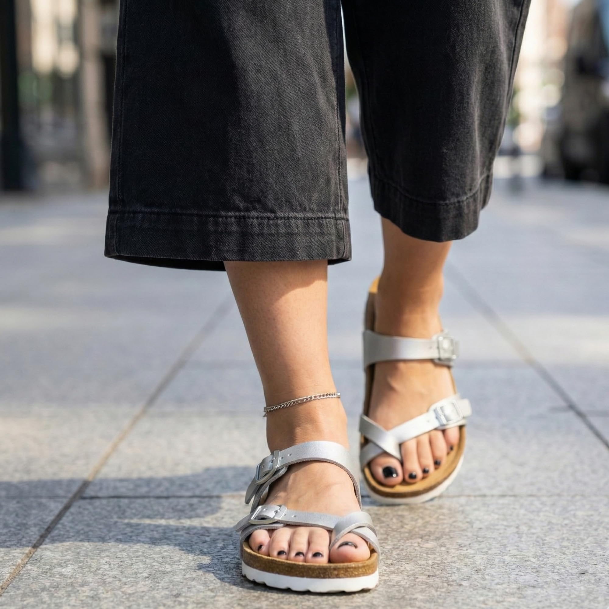 CUSHIONAIRE Luna Sandals for Women, Cork Footbed Womens Sandals for Summer Comfort with Adjustable Straps, Wide Width Available, SILVER 7W