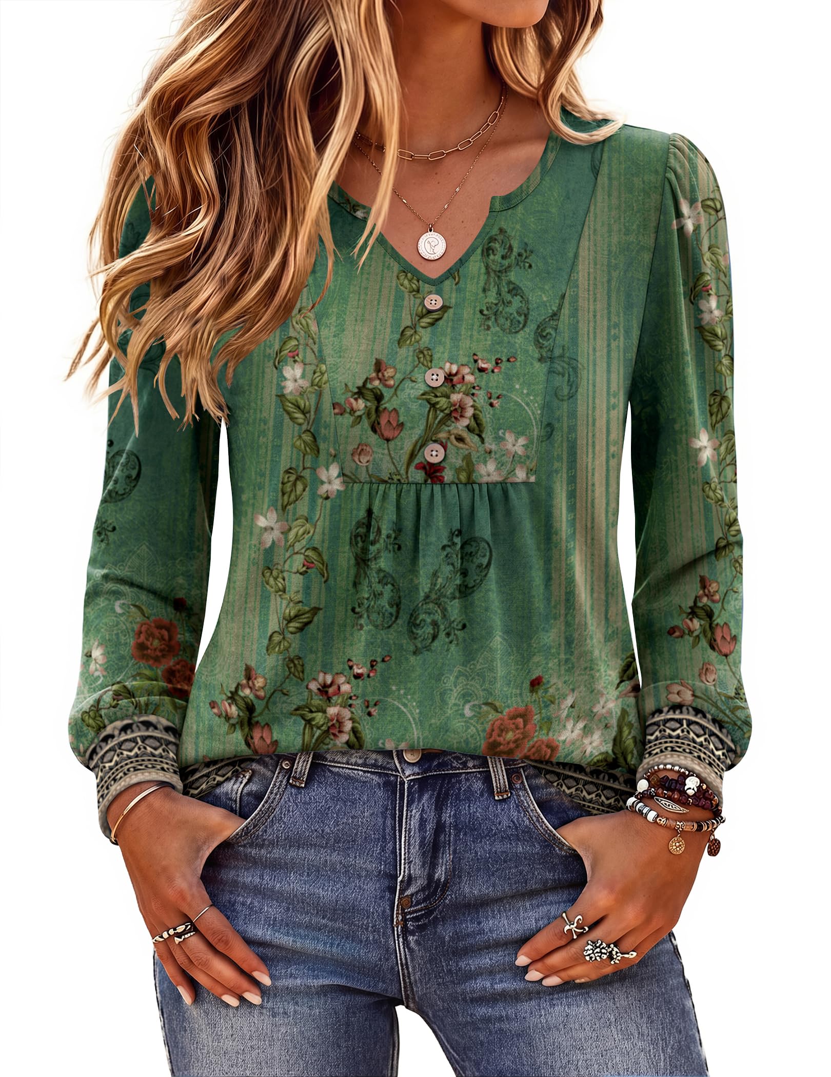 Zeagoo Boho Tops For Women Fall Long Sleeve V Neck Henly Shirt Floral Tunic