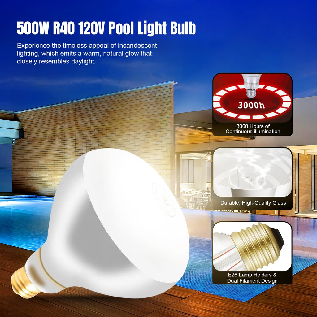 Zenhagu 500W R40 120V Pool Lights Bulb for Inground Pool & Spa – 3000K Warm White, E26 Base, High-Power, Compatible with Pentair & Hayward Fixtures, 3,000-Hour Lifespan (2 Pack)