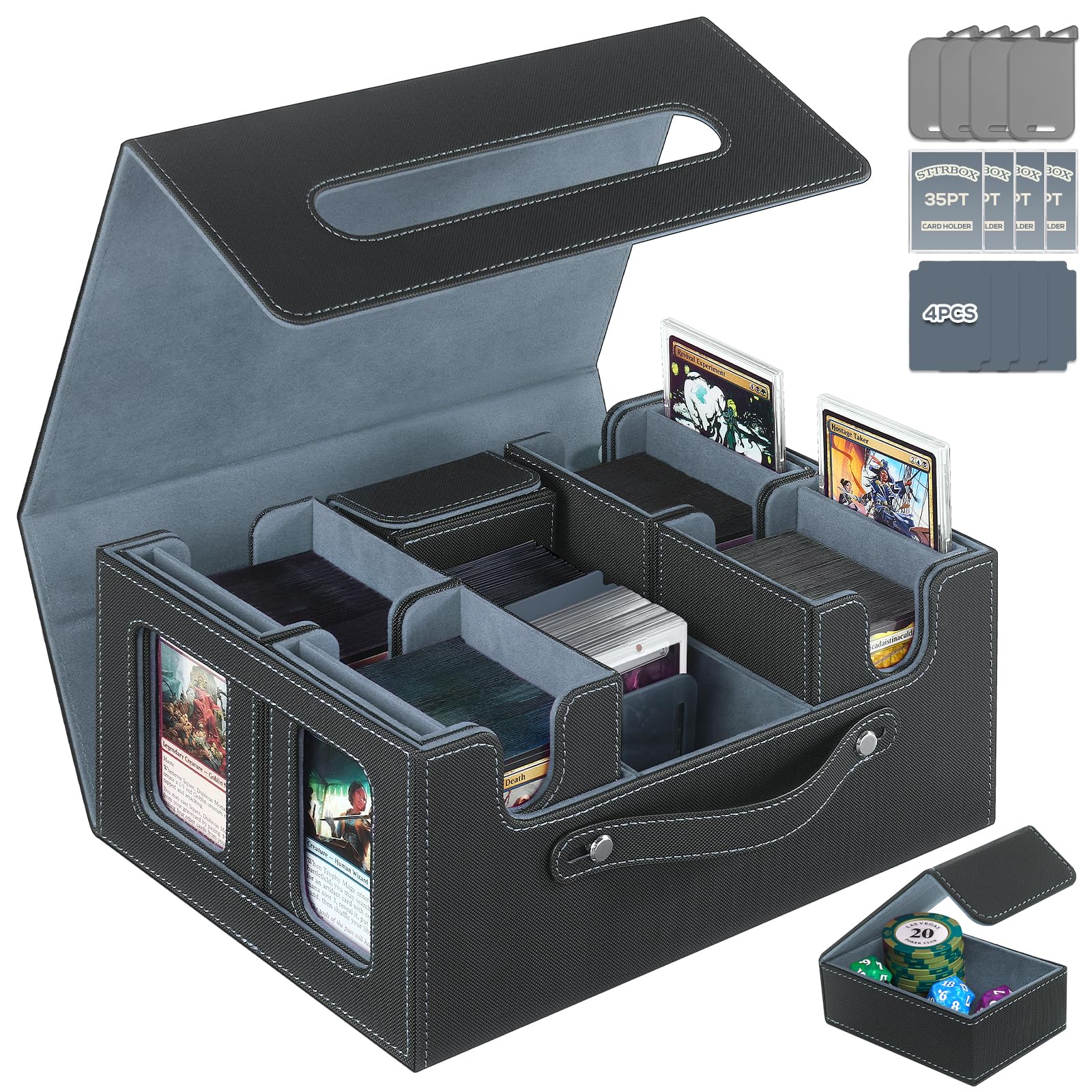 STTRBOX Trading Card Storage Box for MTG, MTG commander deck box，Multi-purpose Deck Case for MTG TCG Sports Card, 4 Toploaders, 4 Stoppers, 4 Colorful Dividers (Black & Grey)