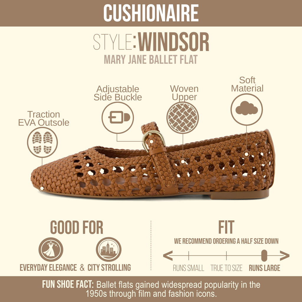 CUSHIONAIRE Windsor Woven Womens Flats with Adjustable Strap – Comfortable Mary Jane Ballet Flats for Women, Cognac 6