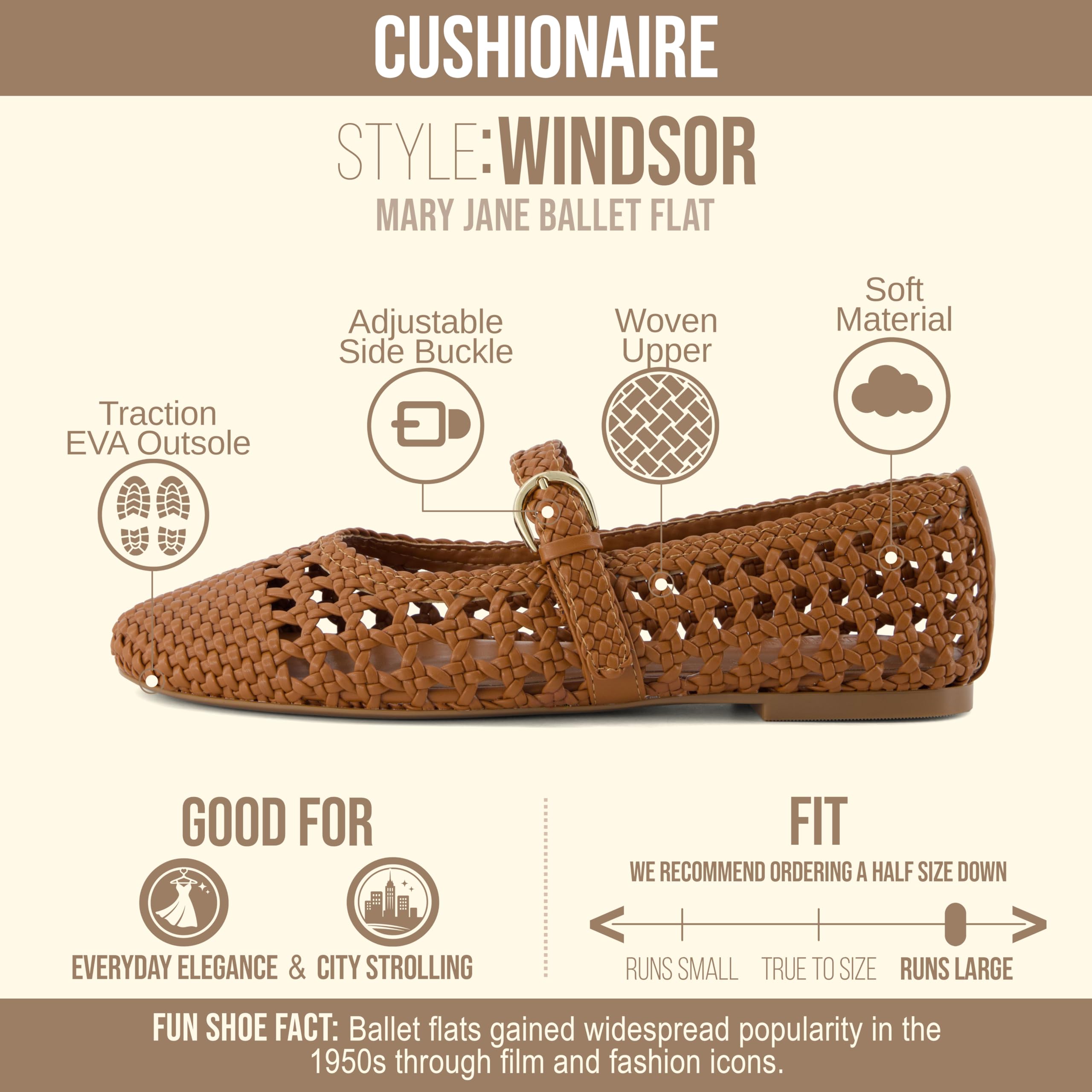 CUSHIONAIRE Windsor Woven Womens Flats with Adjustable Strap – Comfortable Mary Jane Ballet Flats for Women, Cognac 6