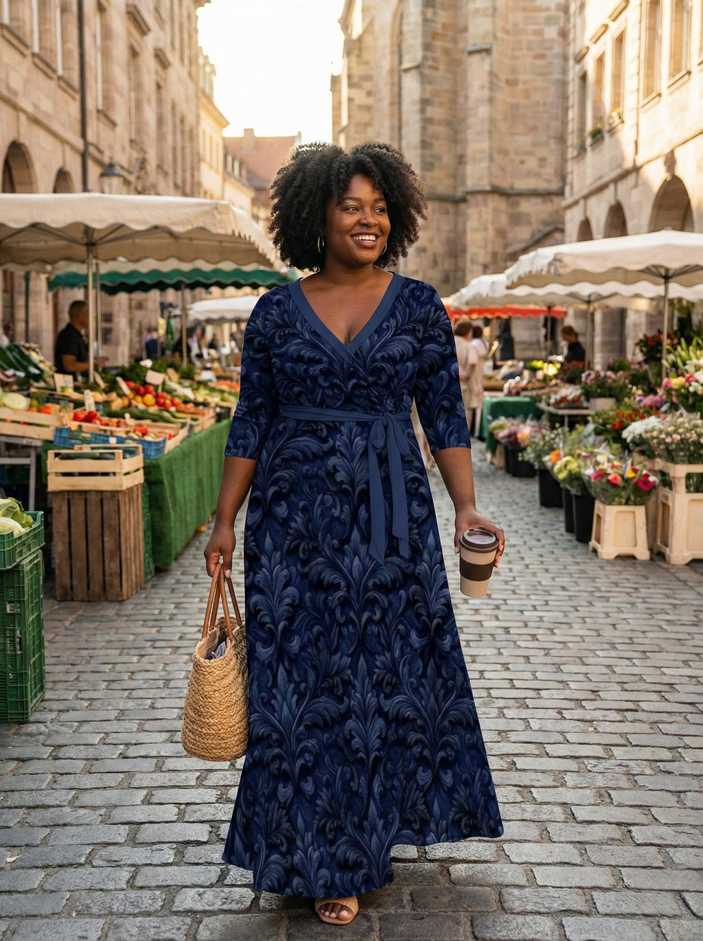 PinkPatty Plus Size Maxi Dress for Women 3/4 Sleeve V Neck Printing Dress Wedding Guest Sundress with Belt (A-Navy Blue 2XL)