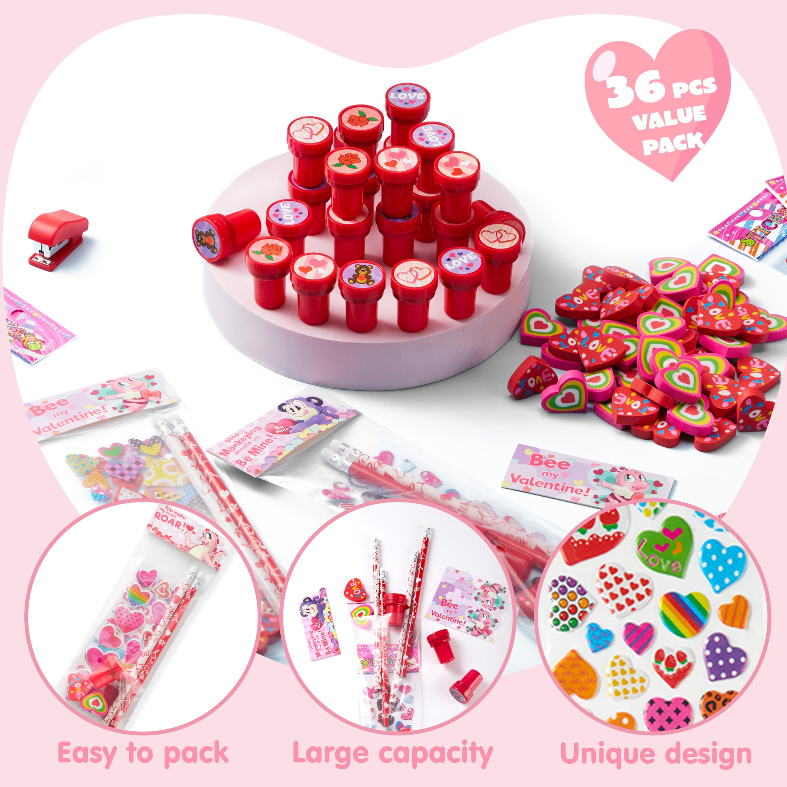 JOYIN 36 Packs Valentine Stationery Kids Gift Set, Classroom Exchange Party Favor for Holiday Reward Prizes - Includes Pencils, Erasers, Stamper, Stickers