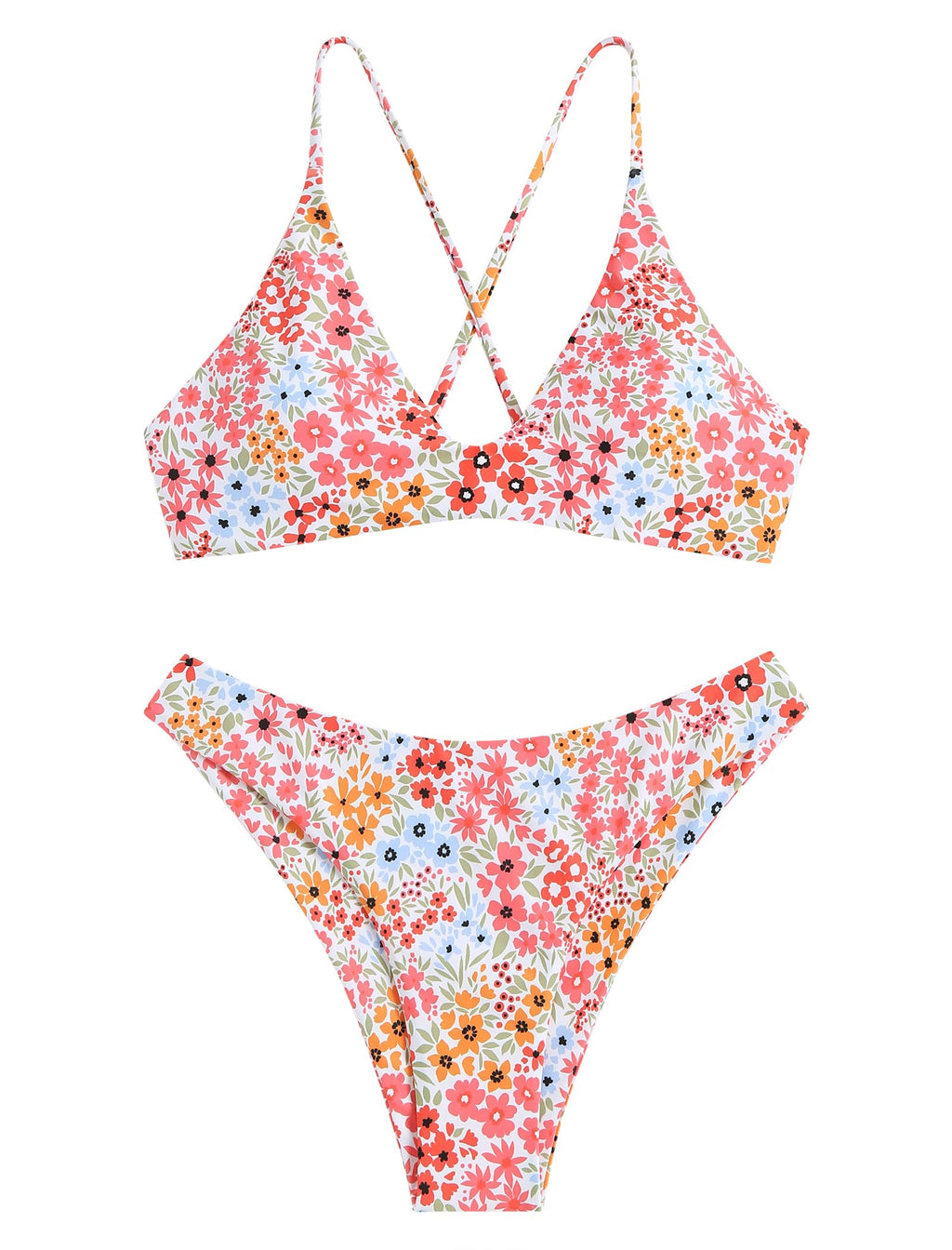 ZAFUL Women's Tie Back Padded High Cut Bralette Bikini Set Two Piece Swimsuit (1-Floral Orange Pink, S)