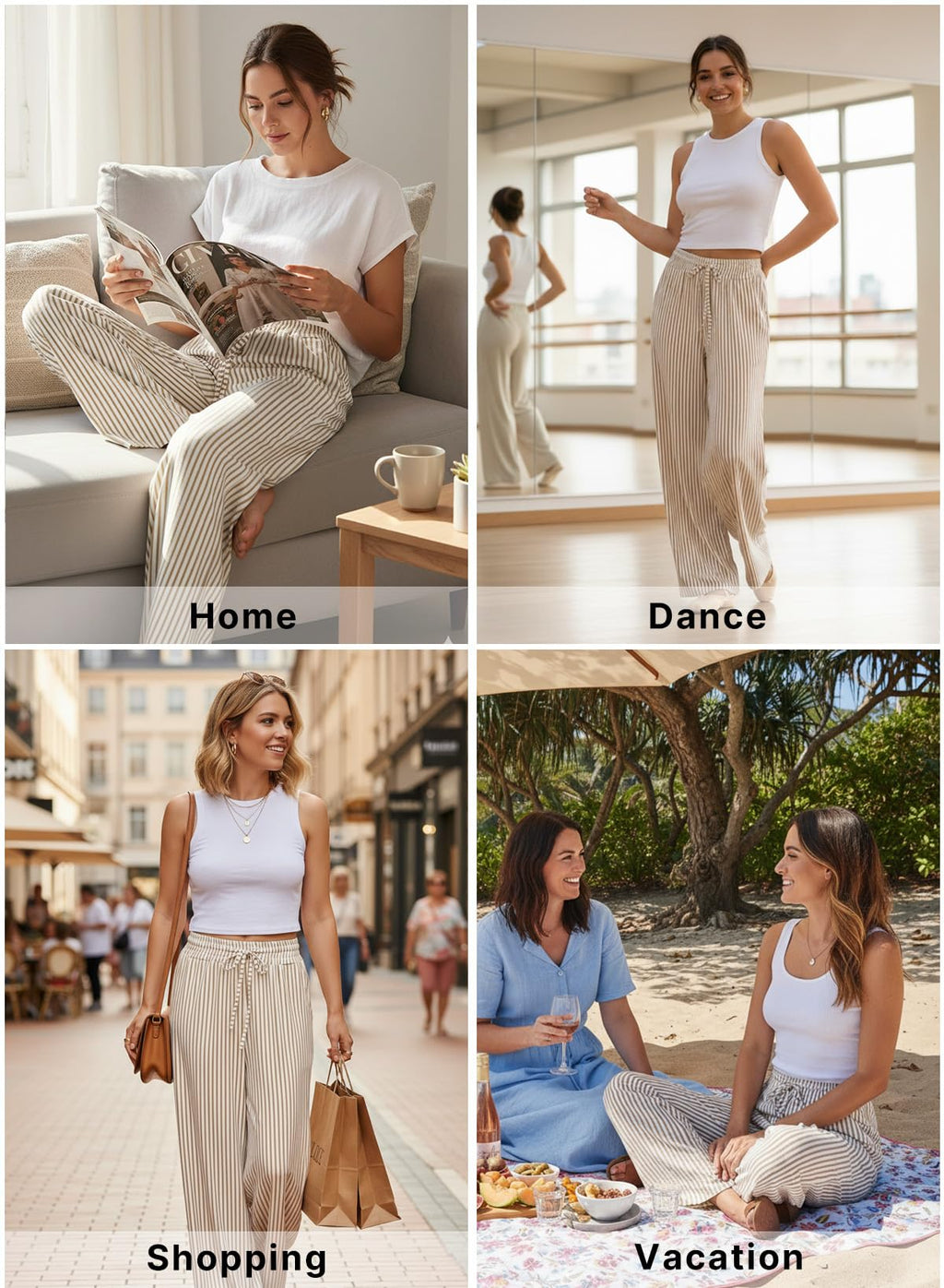 Acelitt Womens Casual Striped Wide Leg Pants Drawstring Elastic High Waisted 2026 Spring Fashion Beach Pants Trousers with Pockets Khaki Medium
