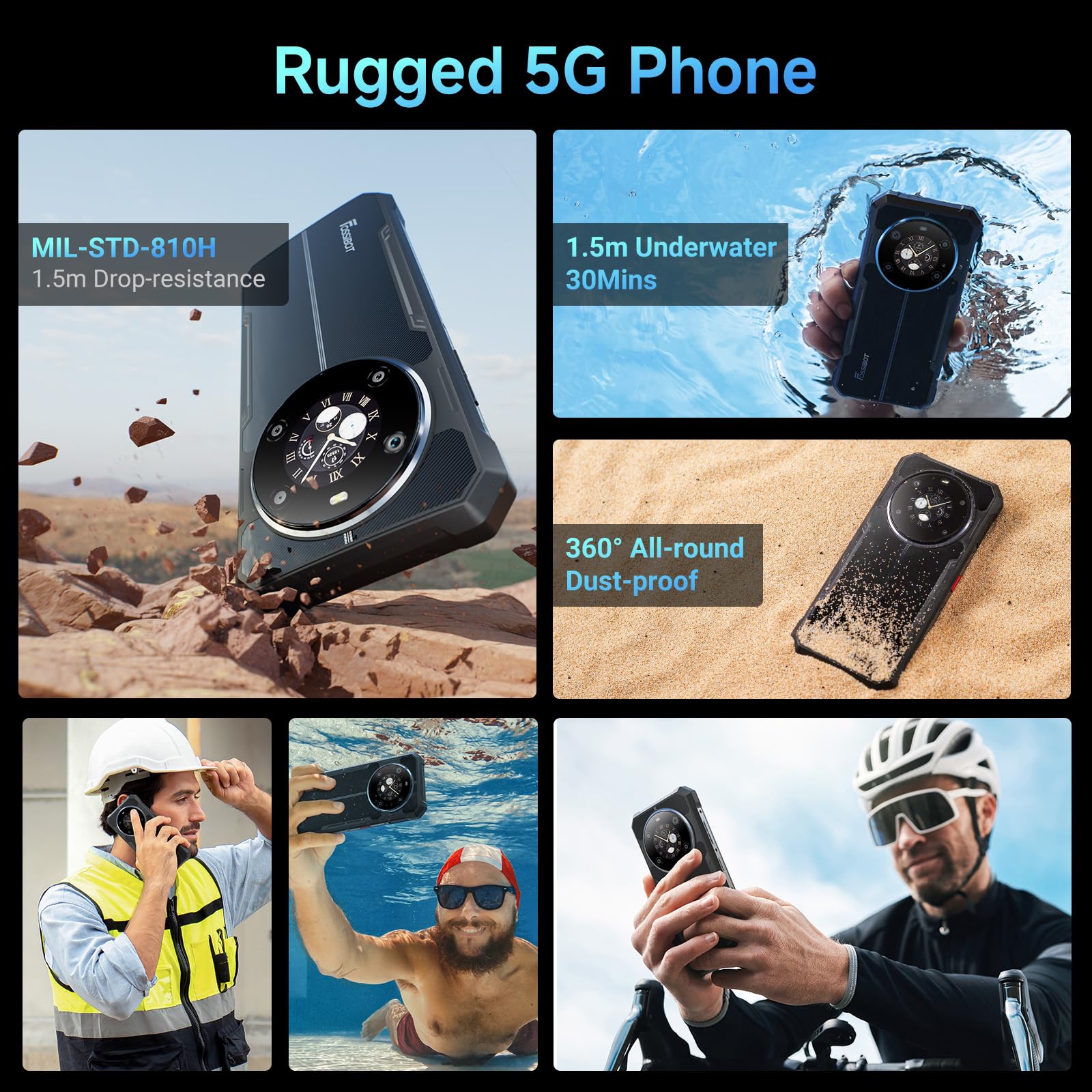 FOSSIBOT F109 5G Rugged Phone Unlocked, 24GB+256GB/2TB,10600mAh Battery Waterproof Phones,Android 14 Rugged Cell Phone, 6.745" HD+ 1.32-inch IPS Smartphone,50MP+16MP+5MP Rugged Phone(2026 deep Blue)