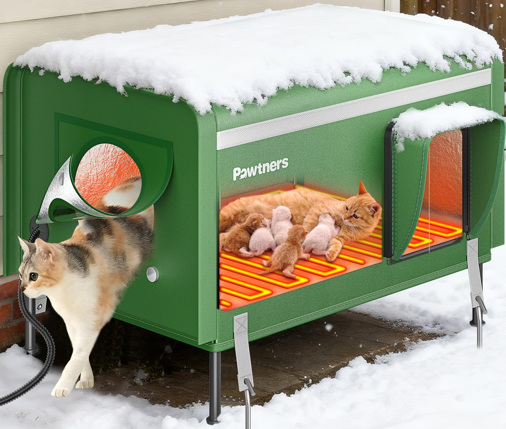 Pawtners Heated Outdoor Cat House for Outside Cats, 26'' XL Insulated Weatherproof Cat Shelter with Heated Pad, Elevated Feet & Escape Door, Warm Kitty House for Feral or Stray Cats in Winter