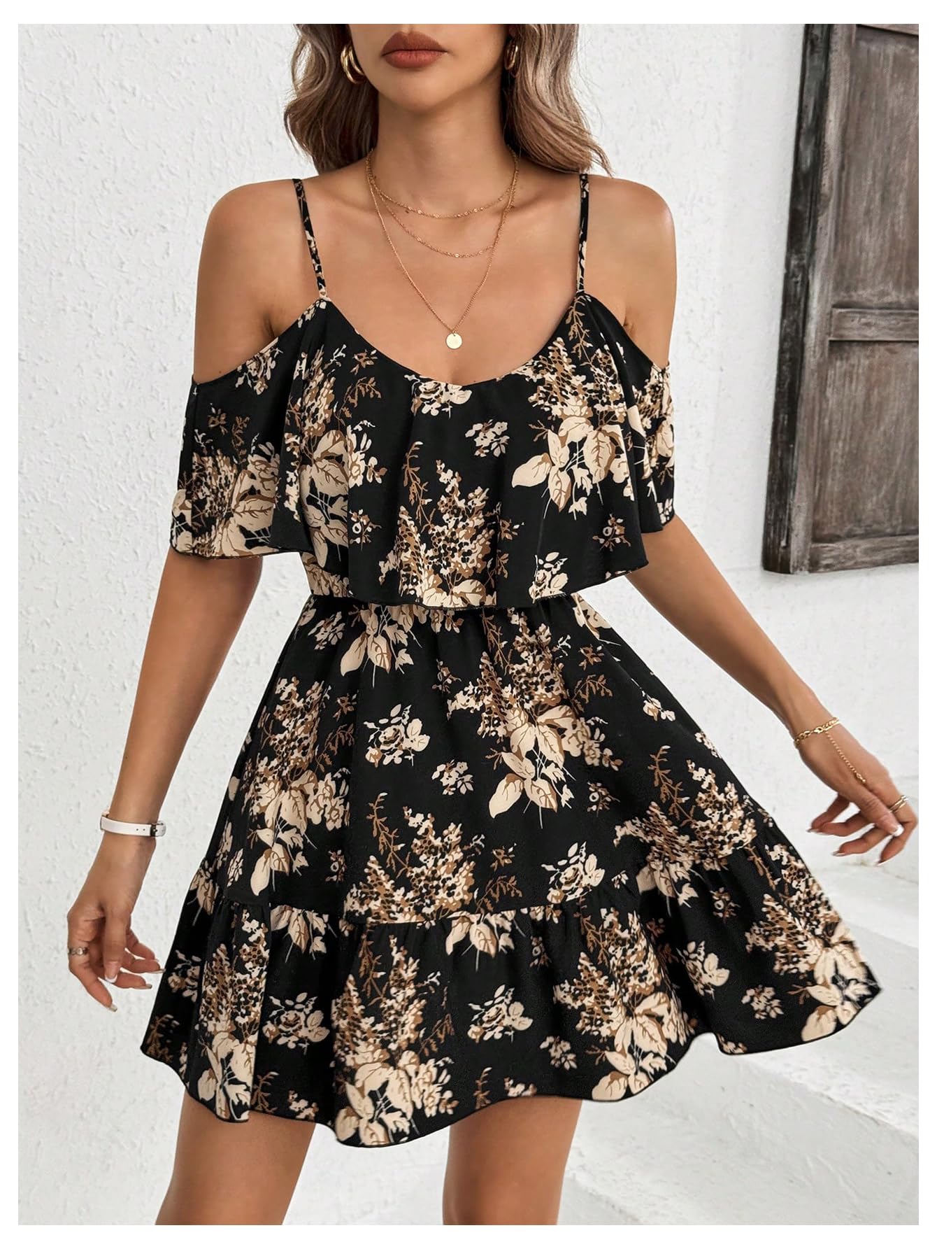 SOLY HUX Women's Boho Floral Print Cold Shoulder Dress Short Sleeve Ruffle A Line Vacation Elegant Mini Dresses Black Medium