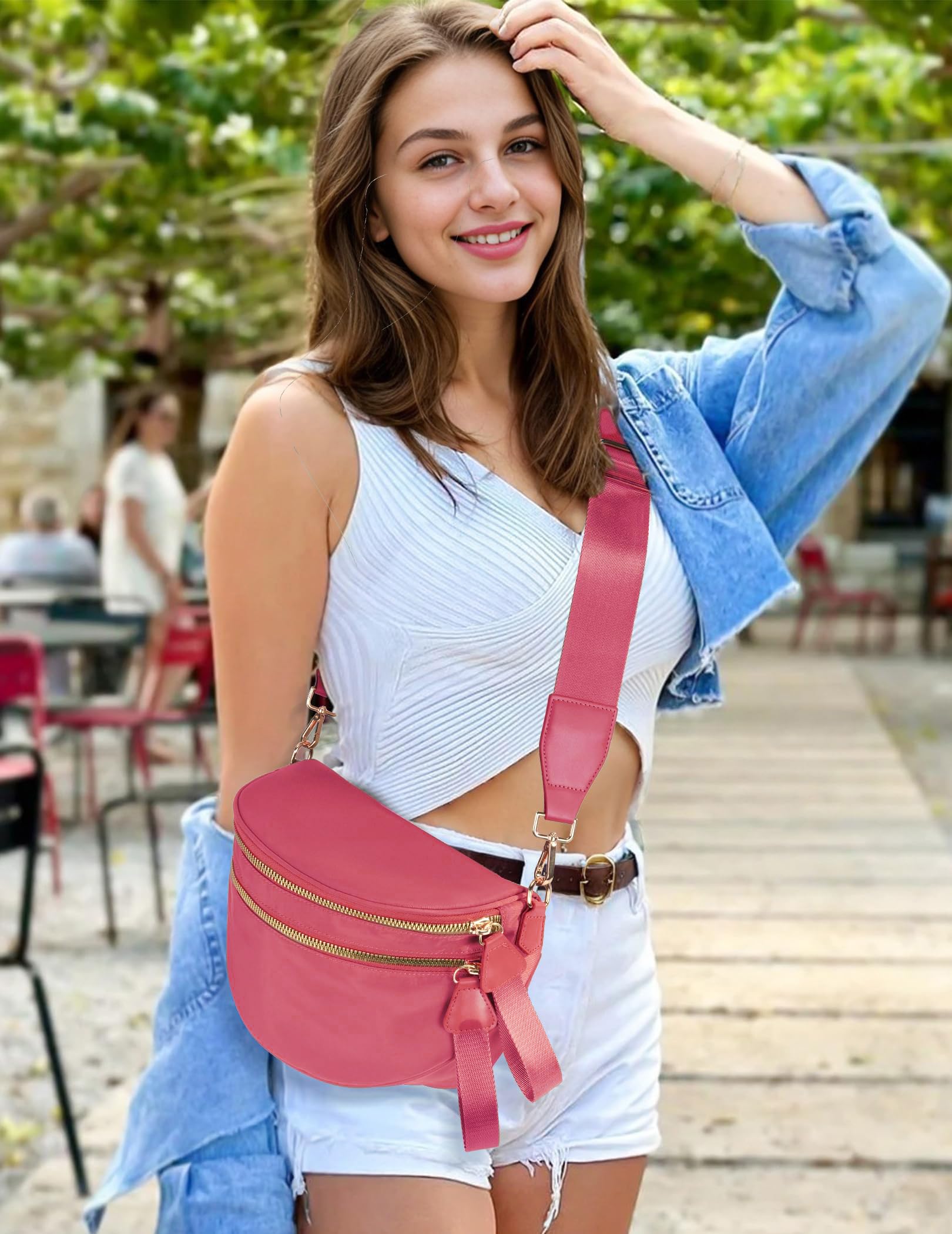 FEIBOON Spacious Nylon Crossbody Bag Bum Bag Handbags Wallets Purses Trendy Shoulder Bag for Women (watermelon red)