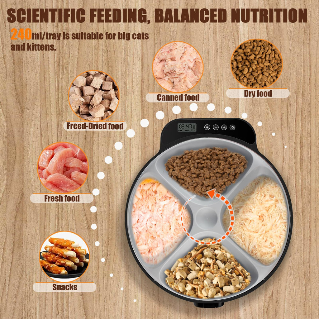 Automatic Wet Food Cat Feeder, Auto Refrigerated Wet Foods Feeder for Cats Dogs 4 Meal Timed Fresh Foods Dispenser with 2 Ice Packs Small Pet Feeders for Kitty Puppy Automatic Cat Dog Food Bowl Black
