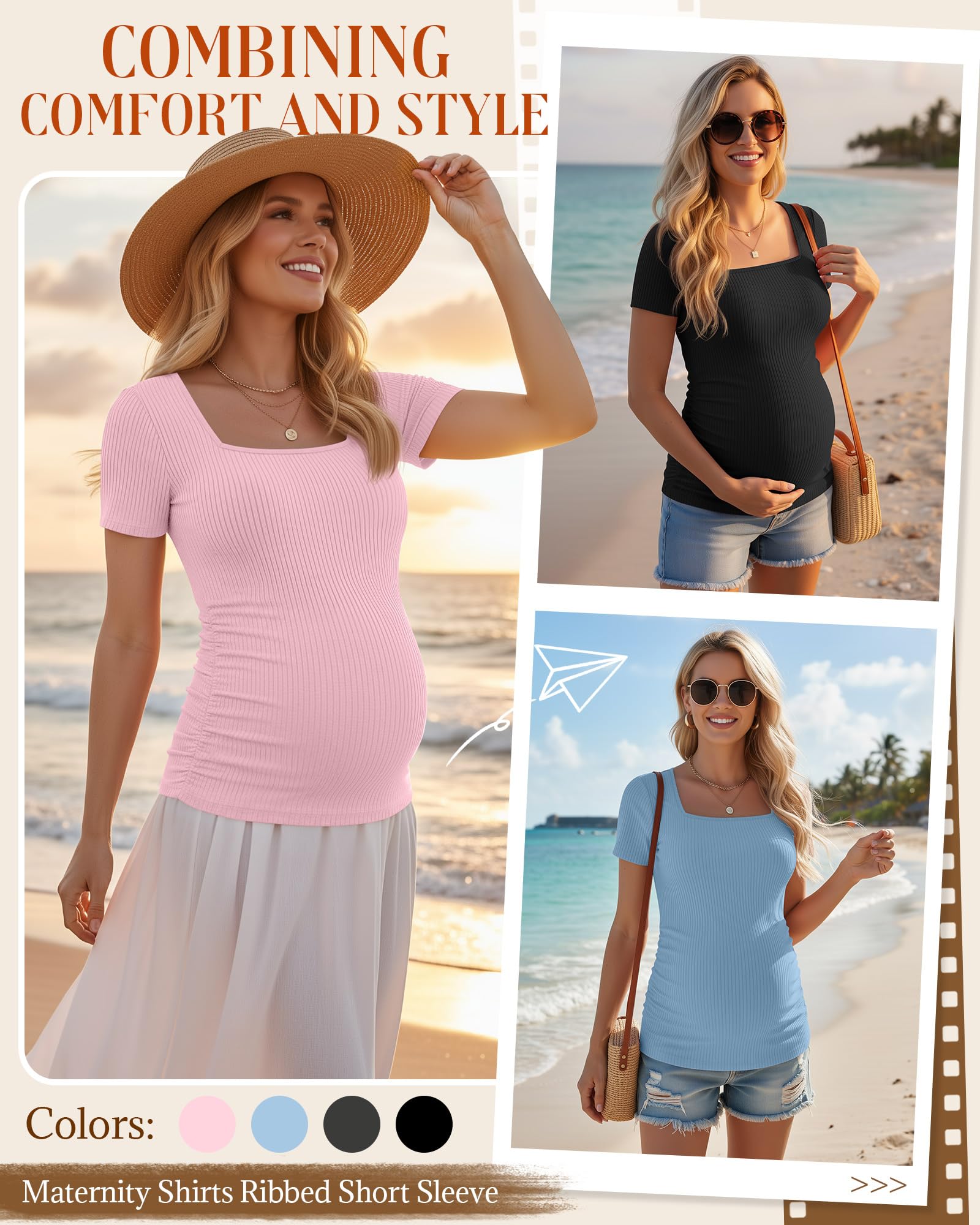 Huukeay 4 Pack Women's Short Sleeve Maternity Shirts, Small, 4-Color