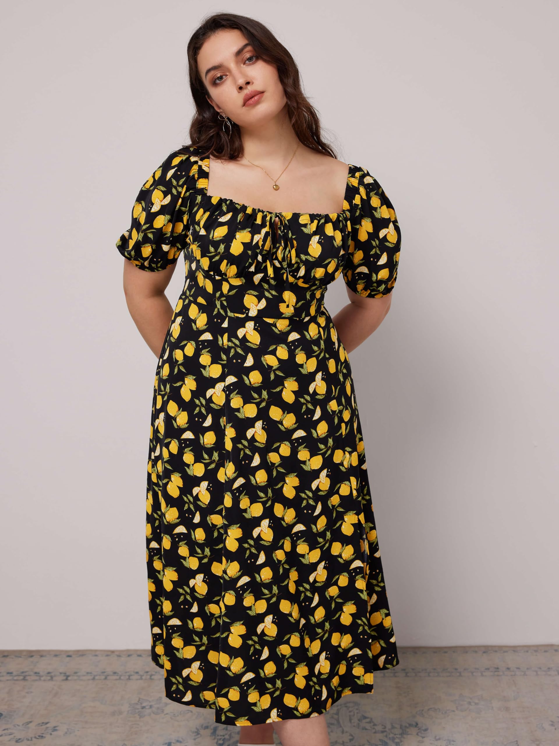 CIDER Women's Plus Size Dress Floral Fruit Square Neck Puff Sleeve Split Sun Dress Summer Midi Dresses Vacation Outfits Black
