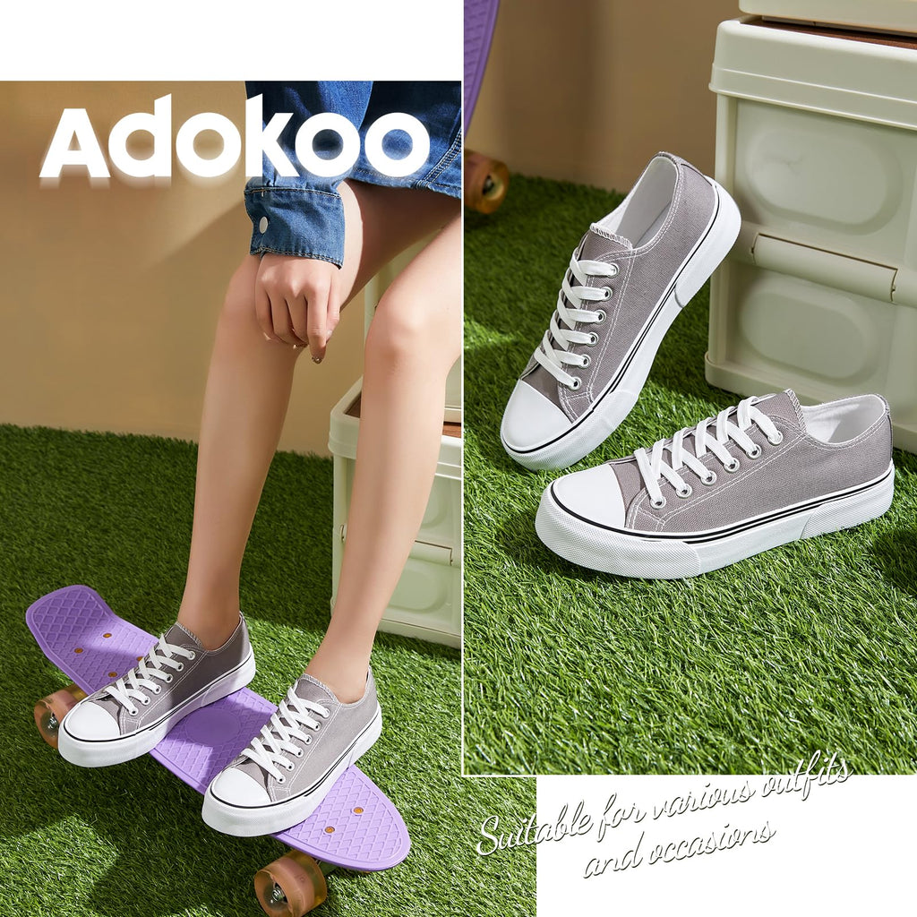 Adokoo Canvas Tennis Shoes for Women Low Top Casual White Black Sneakers for Women Lace Up Fashion Comfortable Walking Shoes (Grey,8.5)