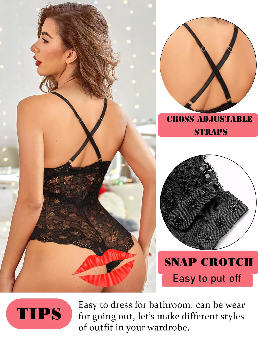 Avidlove Lingerie Deep V Lace Lingerie Bodysuit Women Teddy One Piece Babydoll (Black, M)