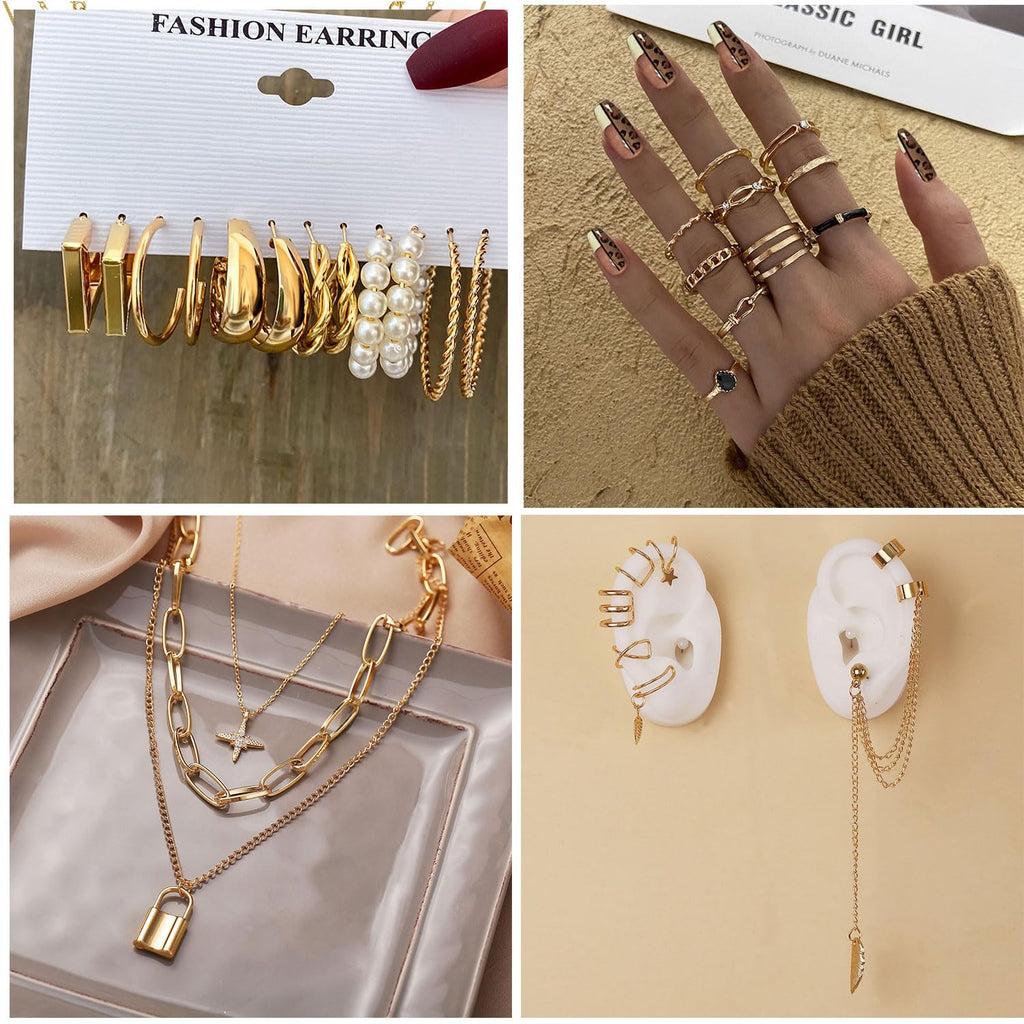 CONGYING 65 Pcs Gold Jewelry Set with 6Pcs Layered Necklace, 11 Pcs anklet and 7Pcs Earring Ear Cuff,11Hoop Earrings,15pcs Rings,15pcs stud earrings Jewerly set for Women Gift