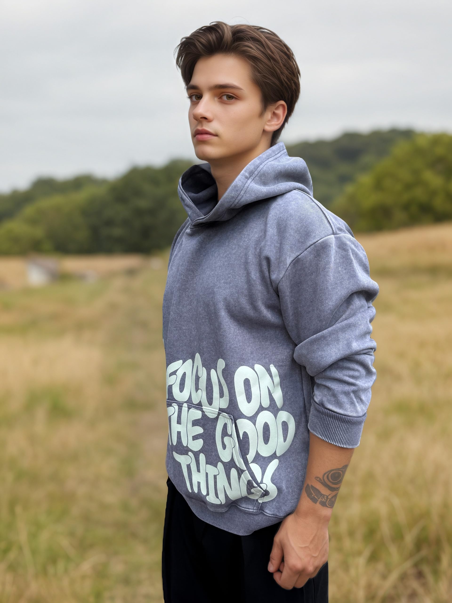 OATSBAS Men's Y2K Letter Print Hoodie Acid Wash Oversize Vintage Hoodies Hip-Hop Baggy Gothic Pullover Sweatshirt (Grey,Medium)