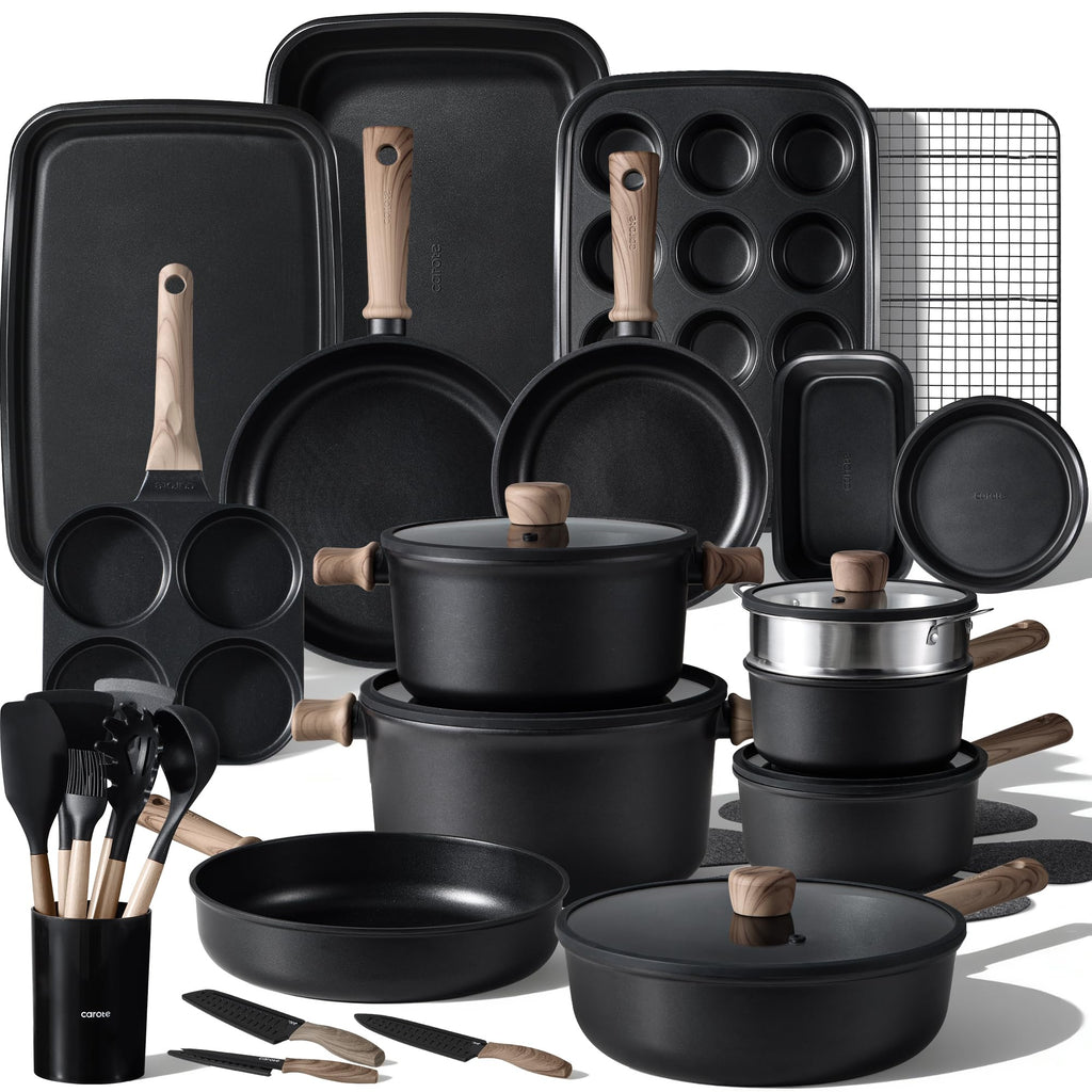 CAROTE 44pcs Nonstick Kitchen Titanium Cookware Sets, Nonstick Pots and Pans, Induction Cookware Set Kitchen Cooking Sets, Non Stick w/Frying Pan,Black