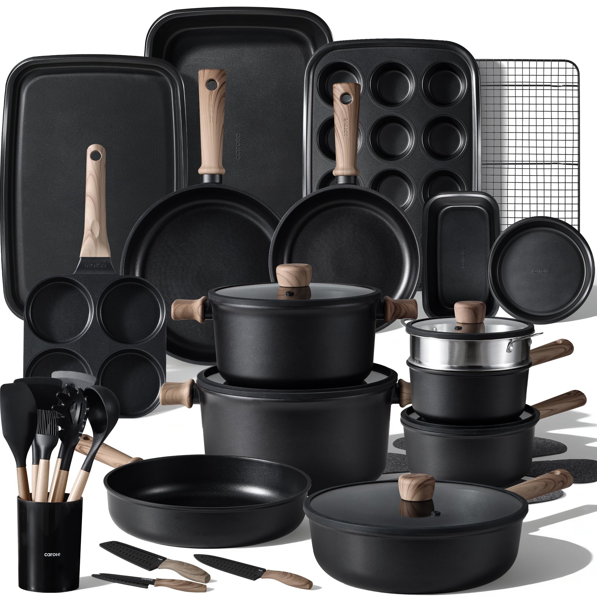 CAROTE 44pcs Nonstick Kitchen Titanium Cookware Sets, Nonstick Pots and Pans, Induction Cookware Set Kitchen Cooking Sets, Non Stick w/Frying Pan,Black