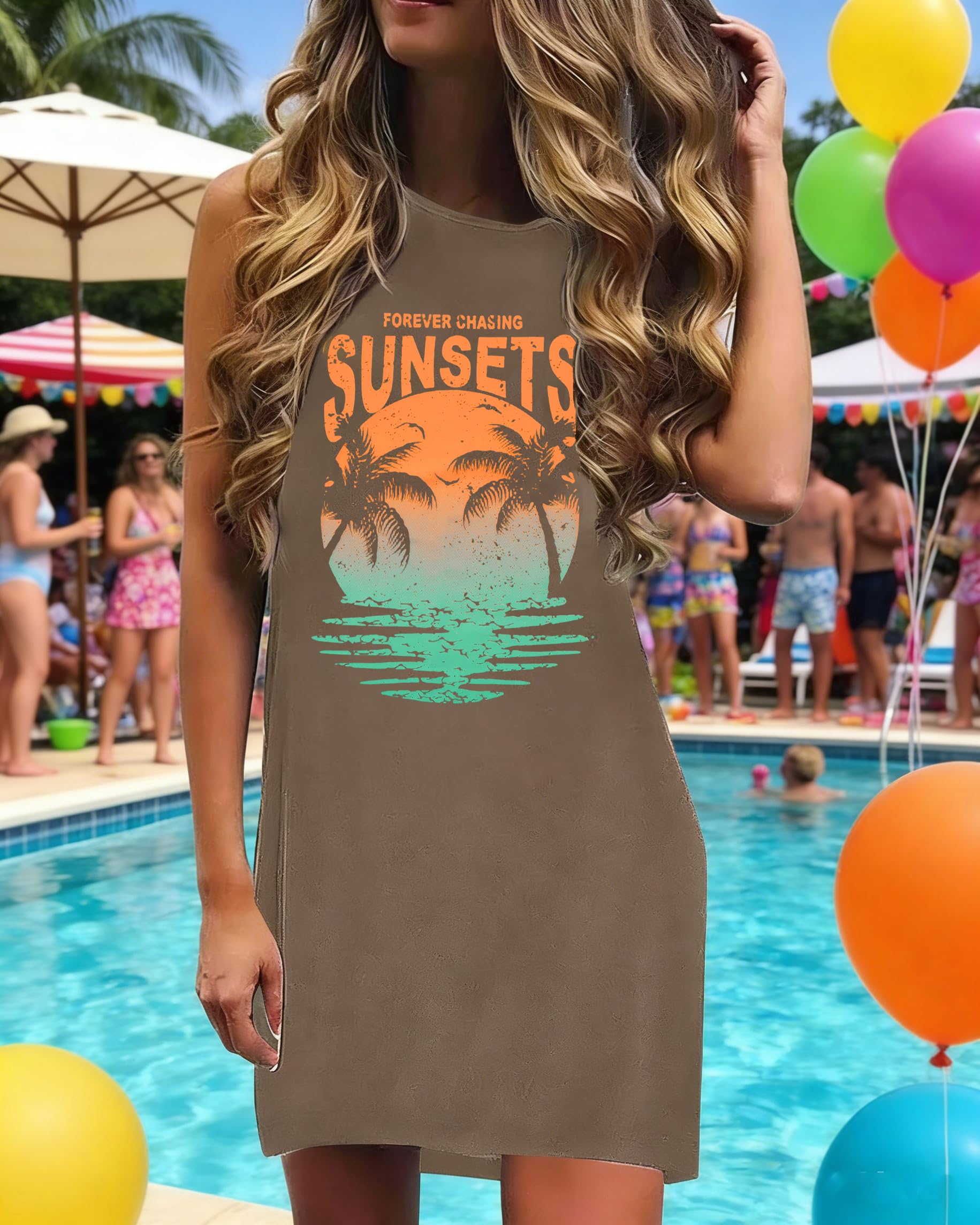 Summer Sundress for Women Beach Tank Dress Sleeveless Graphic T Dress Short Casual Sun Dresses Beach Cover Up Brown