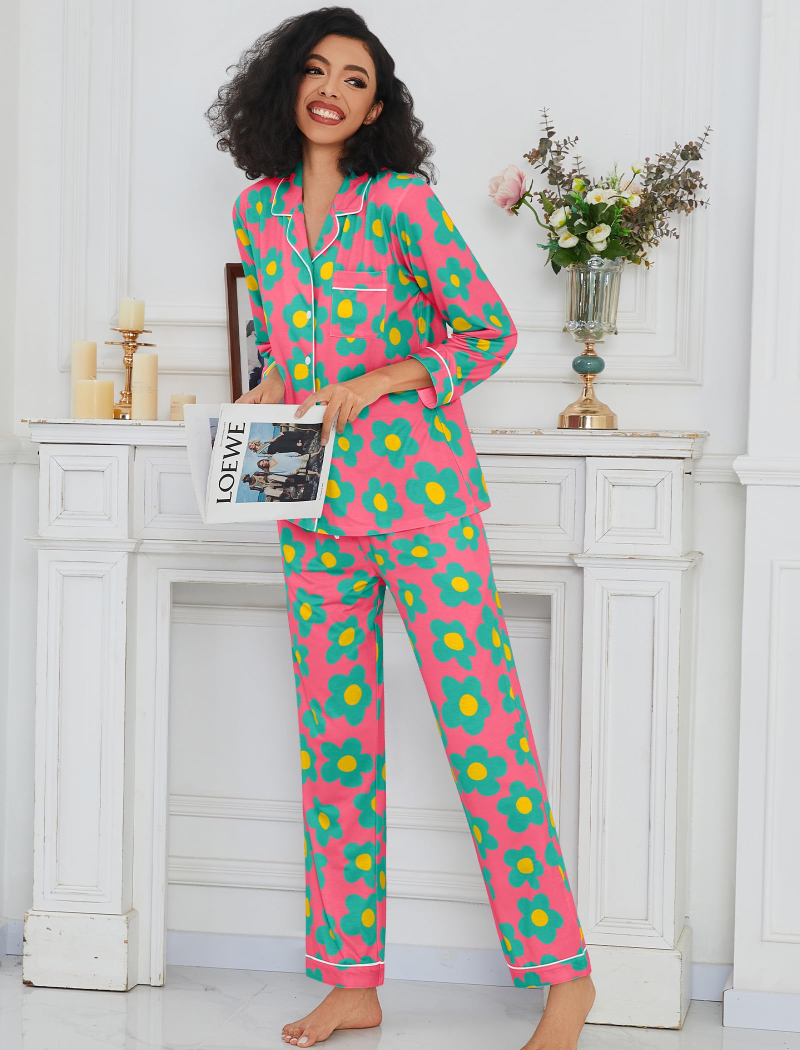 SWOMOG Pajamas Women's Long Sleeve Sleepwear Soft Button Down Loungewear Pjs Set Nightwear S-XXL Rose Blue Flower