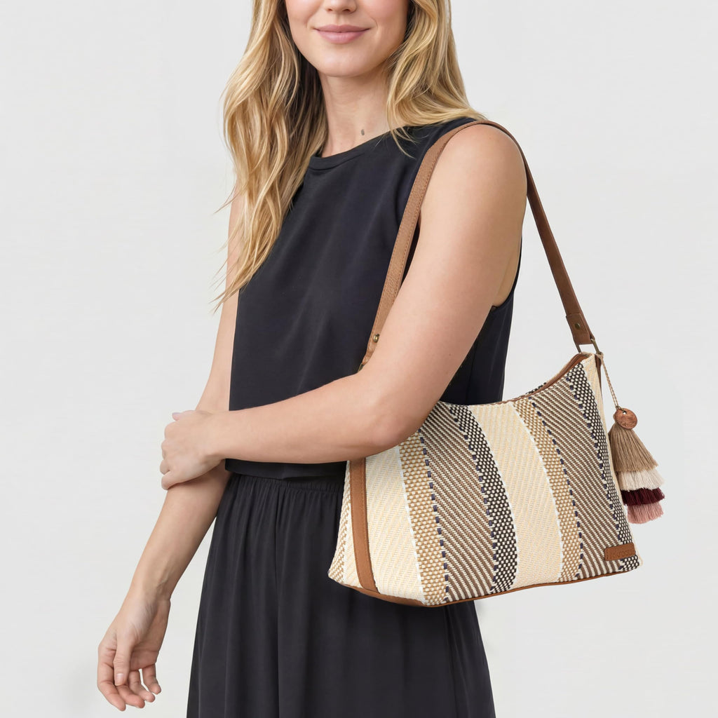 Sakroots Banyan Hobo – Shoulder bag with Zipper Closure, Back Zipper Pocket, detachable key dangle. Lightweight Travel, Work, or Everyday Hobo for Women - Tobacco Batik Woven